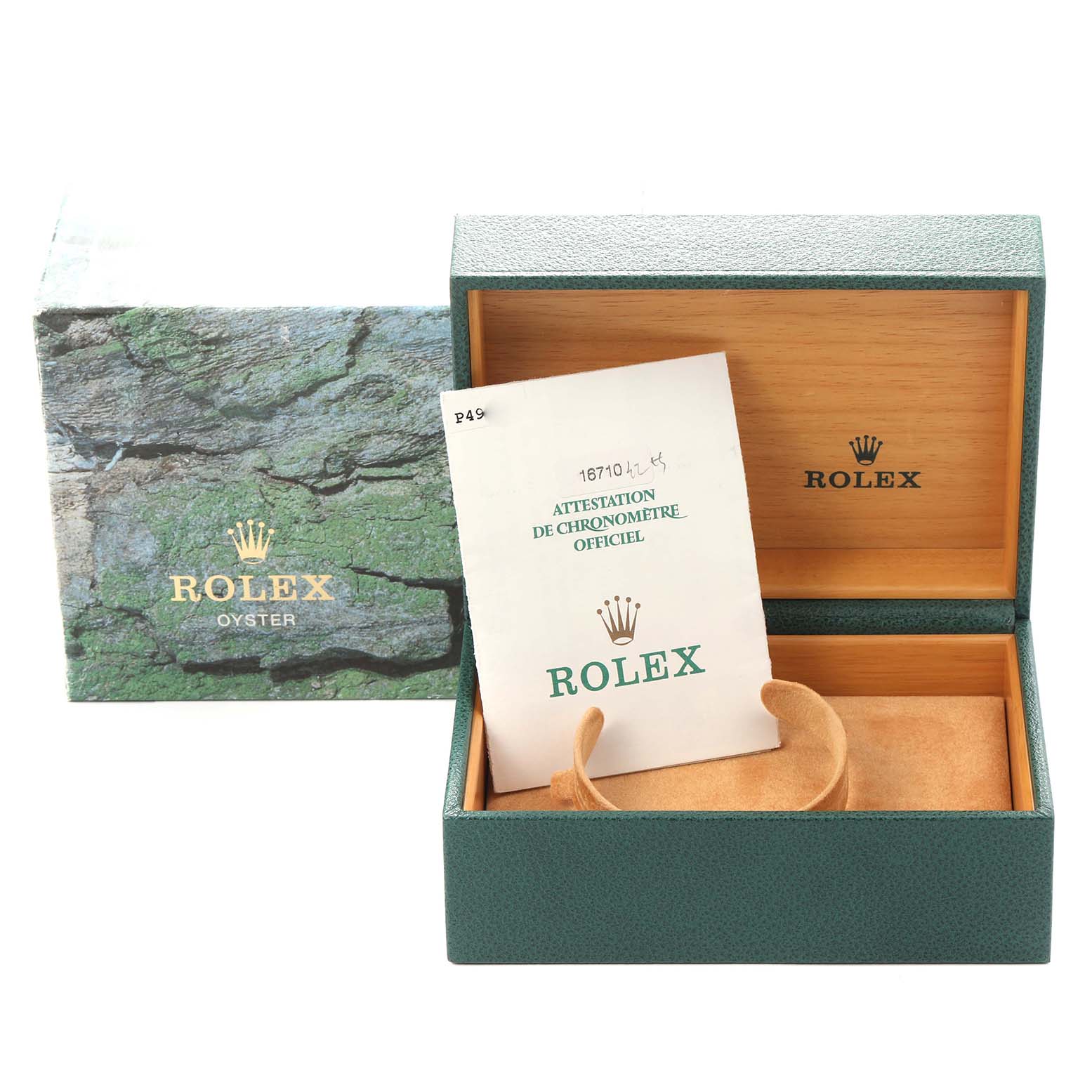 The image shows a Rolex GMT-Master 16710 Men
s Stainless Steel Black Dial 16710 Men
s Stainless Steel Black Dial watch box and papers, viewed from the front, with no watch visible.