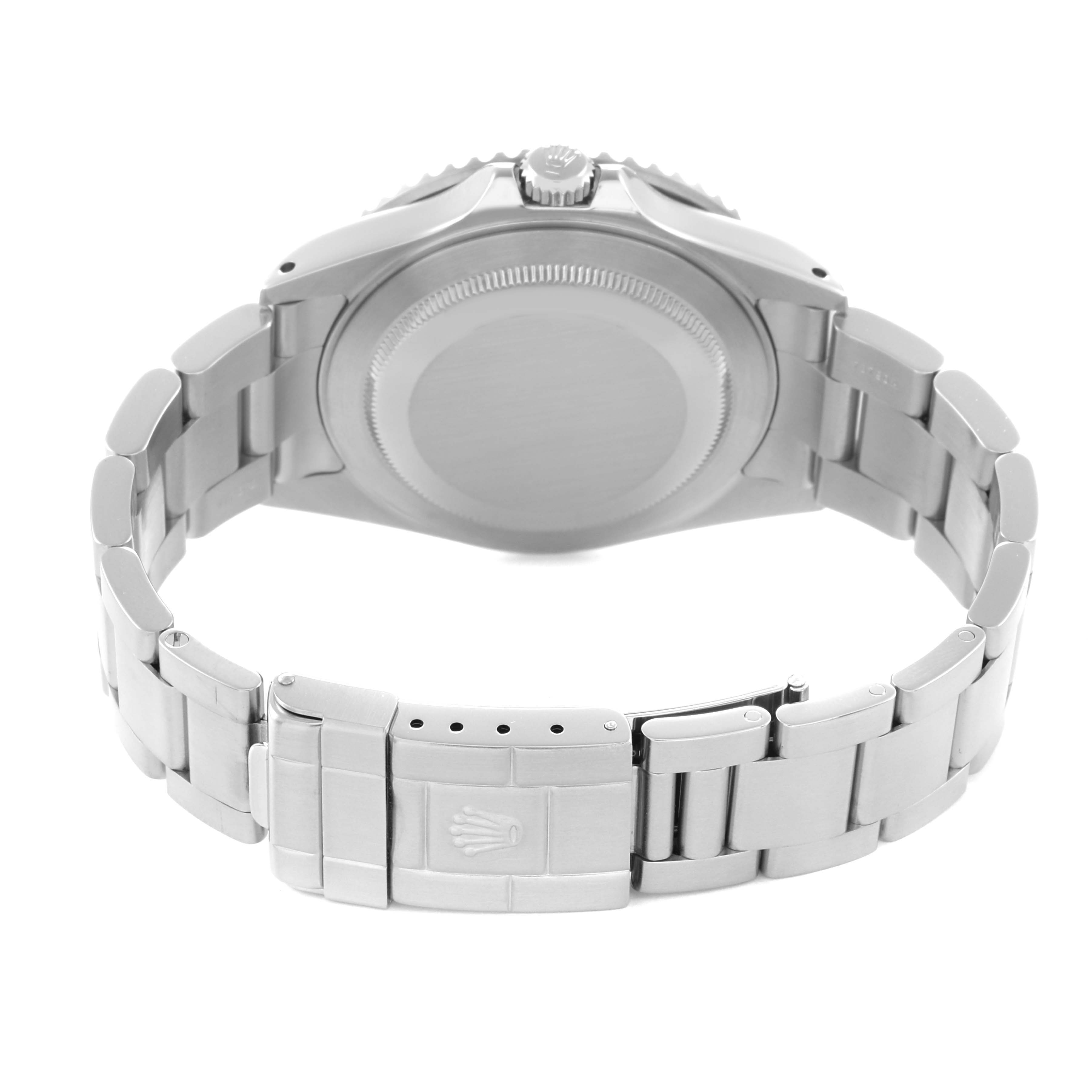 The image shows the back and bracelet of a Rolex GMT-Master 16710 Men
s Stainless Steel Black Dial 16710 Men
s Stainless Steel Black Dial, focusing on the clasp and case back.