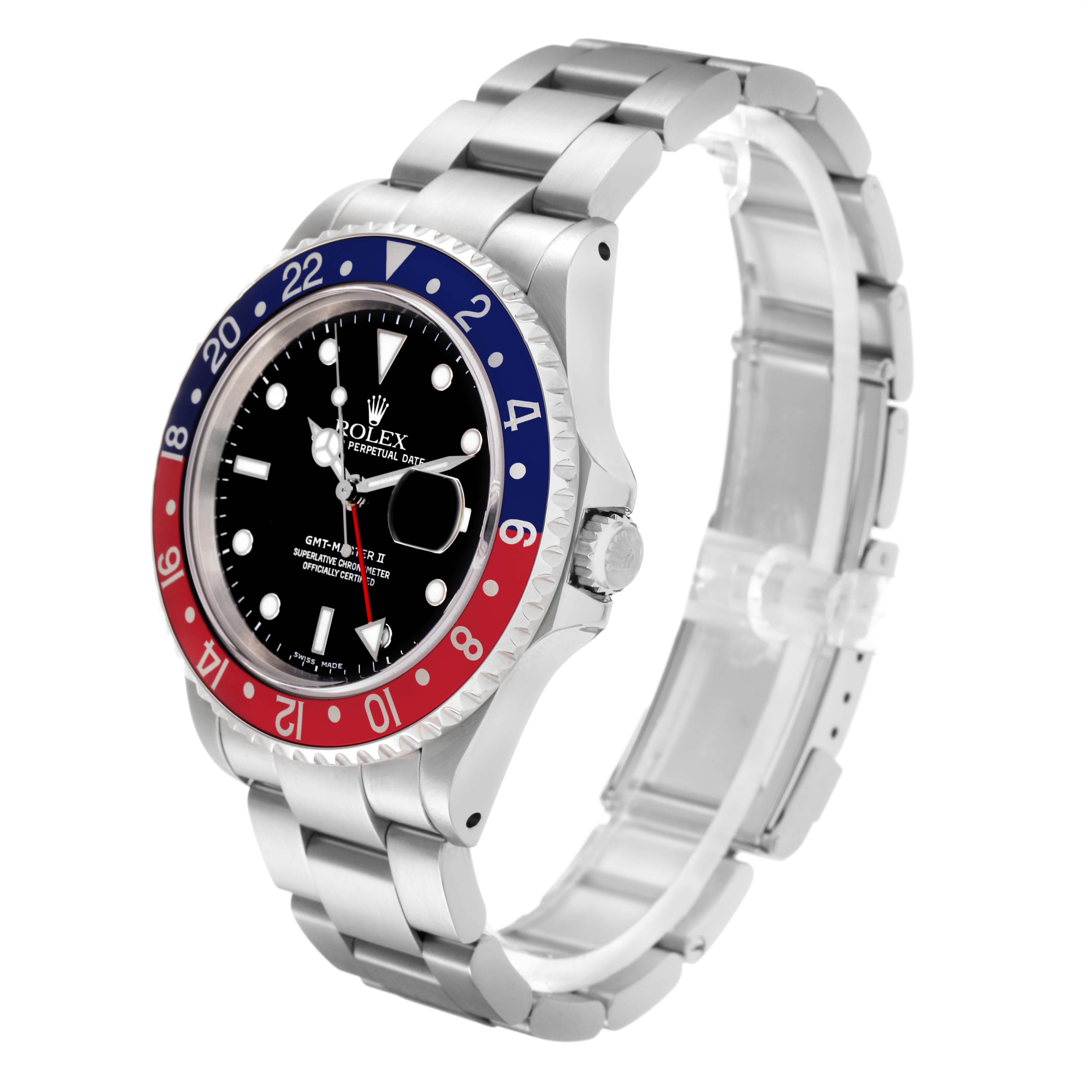 The Rolex GMT-Master 16710 Men
s Stainless Steel Black Dial 16710 Men
s Stainless Steel Black Dial watch is shown at an angled view, displaying the bezel, case, dial, and bracelet.