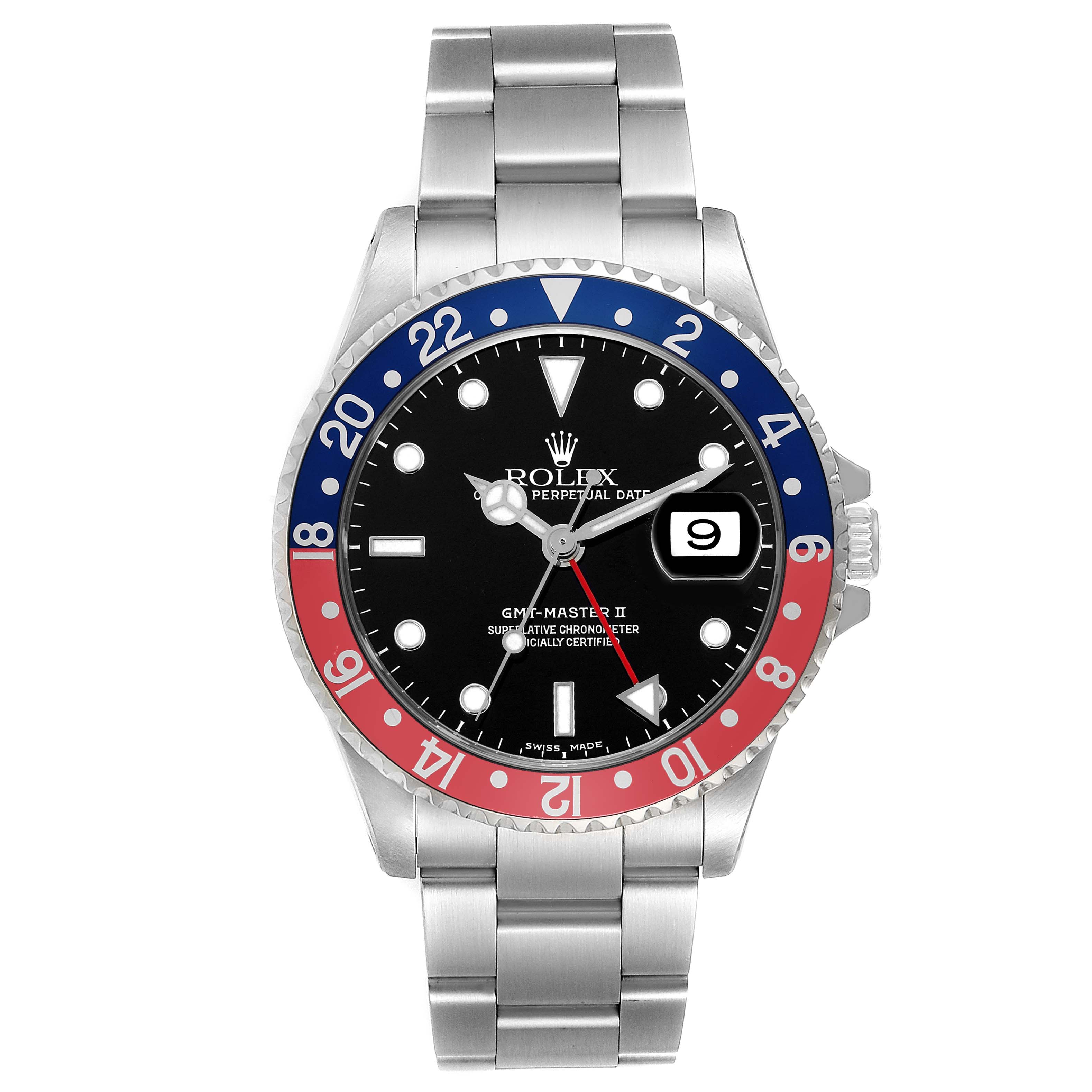 The Rolex GMT-Master 16710 Men
s Stainless Steel Black Dial 16710 Men
s Stainless Steel Black Dial watch is shown from the front, displaying the bezel, dial, hands, bracelet, and crown.
