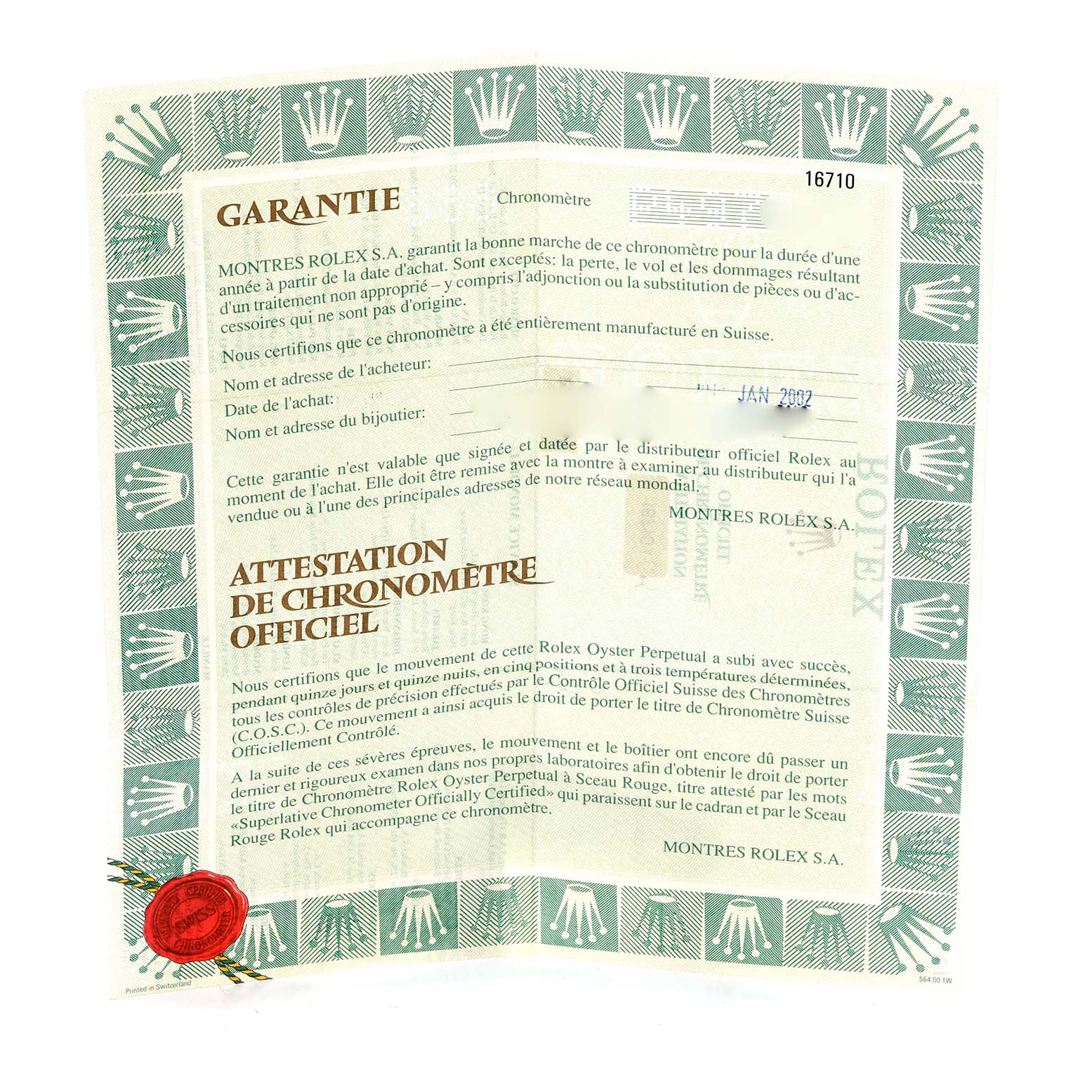 The image shows a warranty certificate for the Rolex GMT-Master 16710 Men
s Stainless Steel Black Dial 16710 Men
s Stainless Steel Black Dial model, with visible details and an official seal.