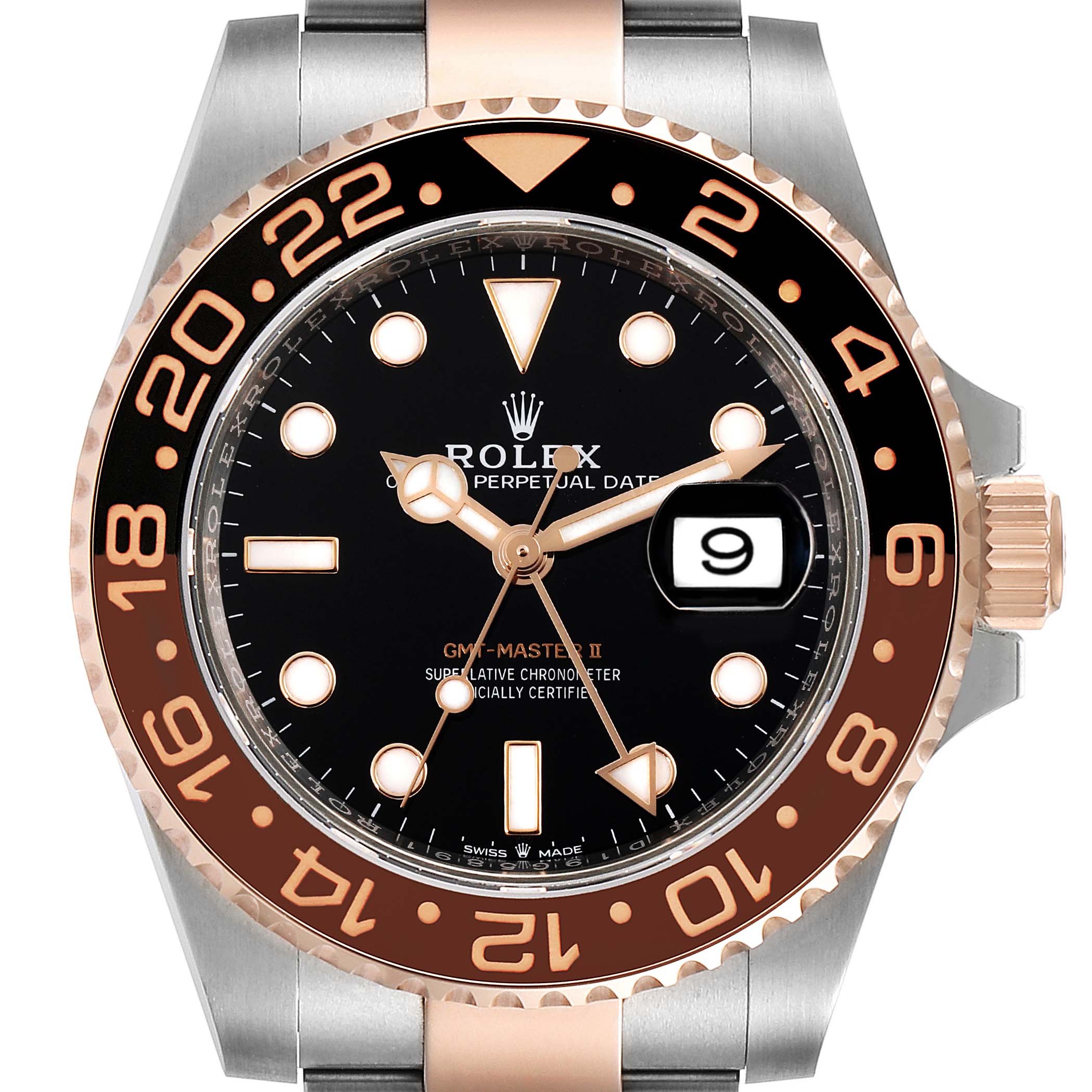 The image shows a front view of the Rolex GMT-Master 126711 Men's Steel and Gold (two tone) Black Dial 126711 Men's Steel and Gold (two tone) Black Dial II watch featuring the dial, bezel, crown, and part of the bracelet.