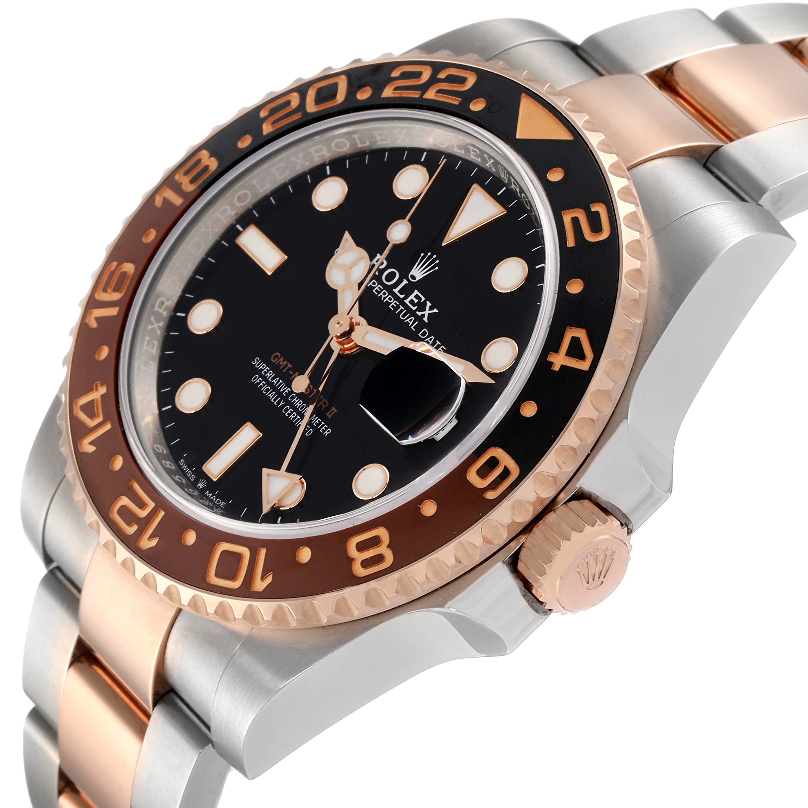 This image shows a close-up side view of the Rolex GMT-Master 126711 Men's Steel and Gold (two tone) Black Dial 126711 Men's Steel and Gold (two tone) Black Dial, focusing on its bezel, dial, crown, and part of the bracelet.