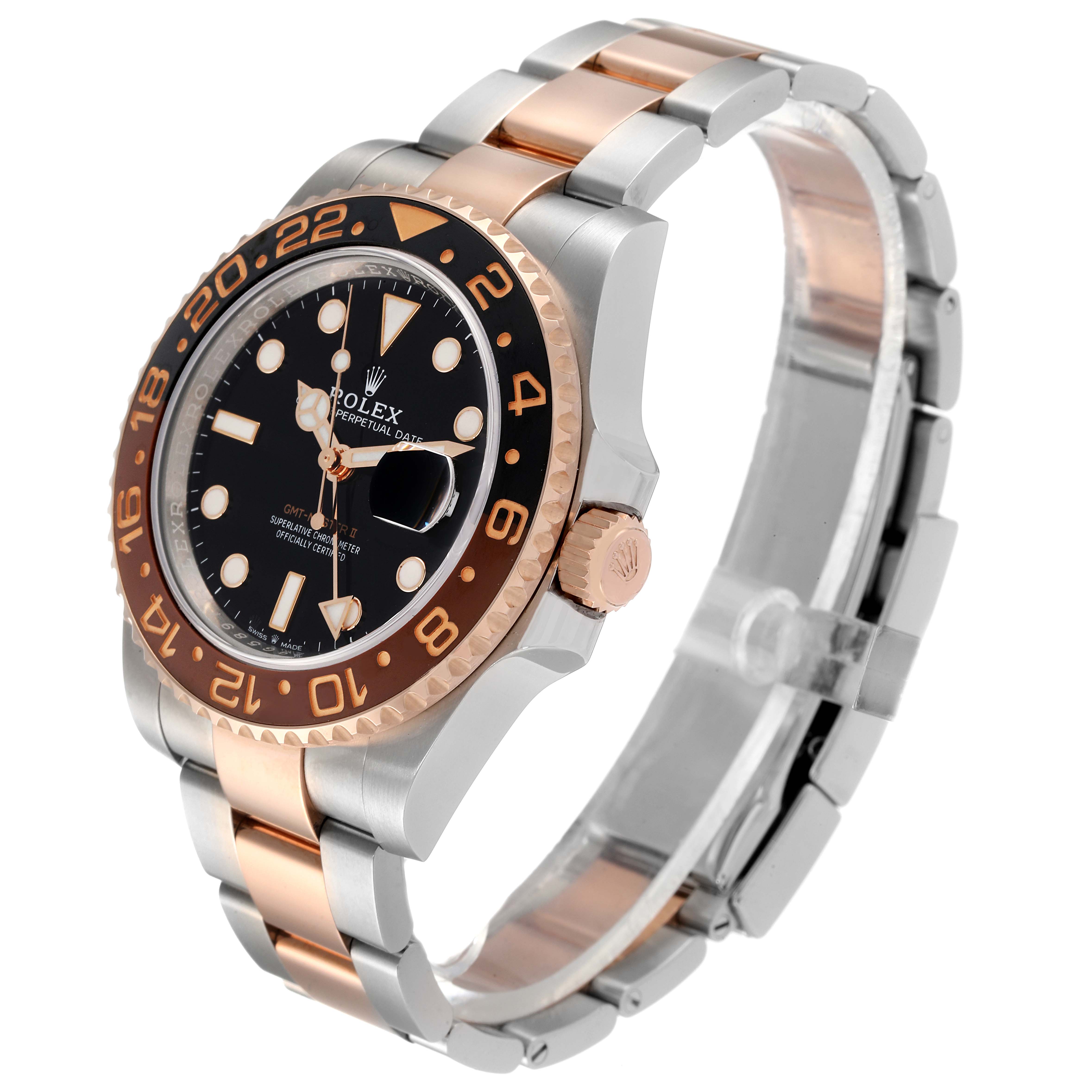 The Rolex GMT-Master 126711 Men's Steel and Gold (two tone) Black Dial 126711 Men's Steel and Gold (two tone) Black Dial watch is shown at an angle showcasing the bezel, dial, crown, and bracelet.