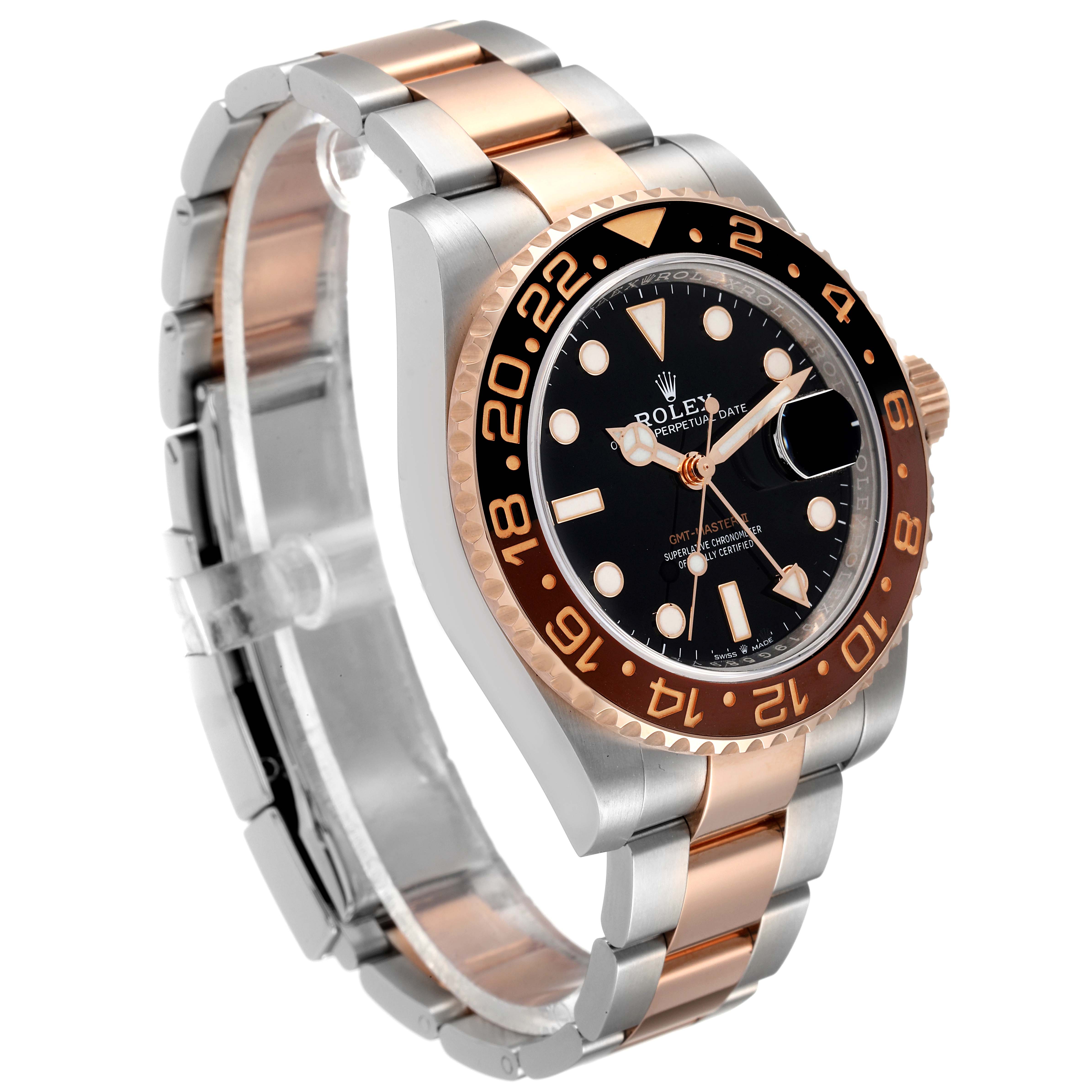 This image shows a Rolex GMT-Master 126711 Men's Steel and Gold (two tone) Black Dial 126711 Men's Steel and Gold (two tone) Black Dial watch at a three-quarter angle, highlighting the face, bezel, and bracelet.