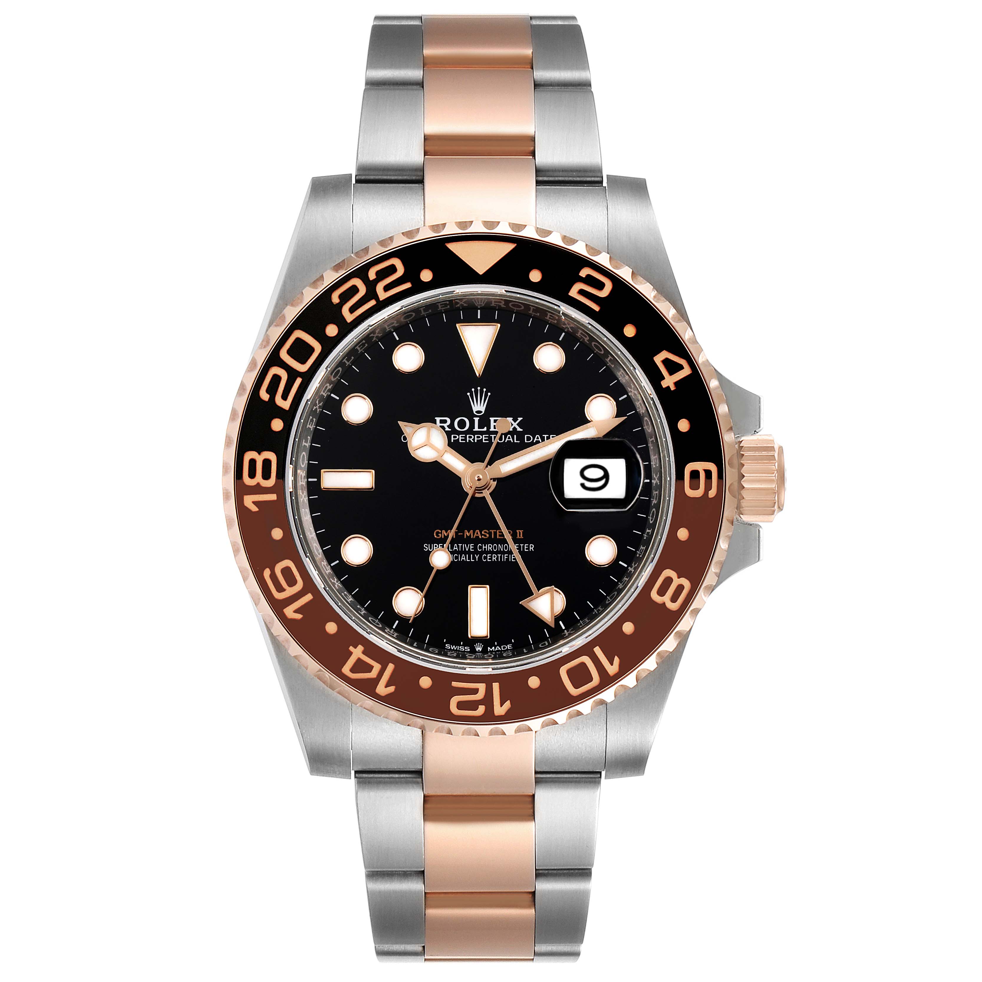 The image shows a front view of a Rolex GMT-Master 126711 Men's Steel and Gold (two tone) Black Dial 126711 Men's Steel and Gold (two tone) Black Dial watch, featuring a black dial, brown and black bezel, and a two-tone bracelet.