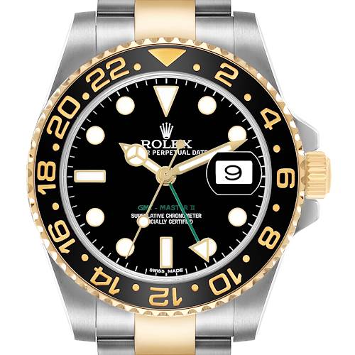 The image shows a front view of the Rolex GMT-Master M116713LN Men's Steel and Gold (two tone) Black Dial watch, highlighting its black dial, gold bezel, and date window.