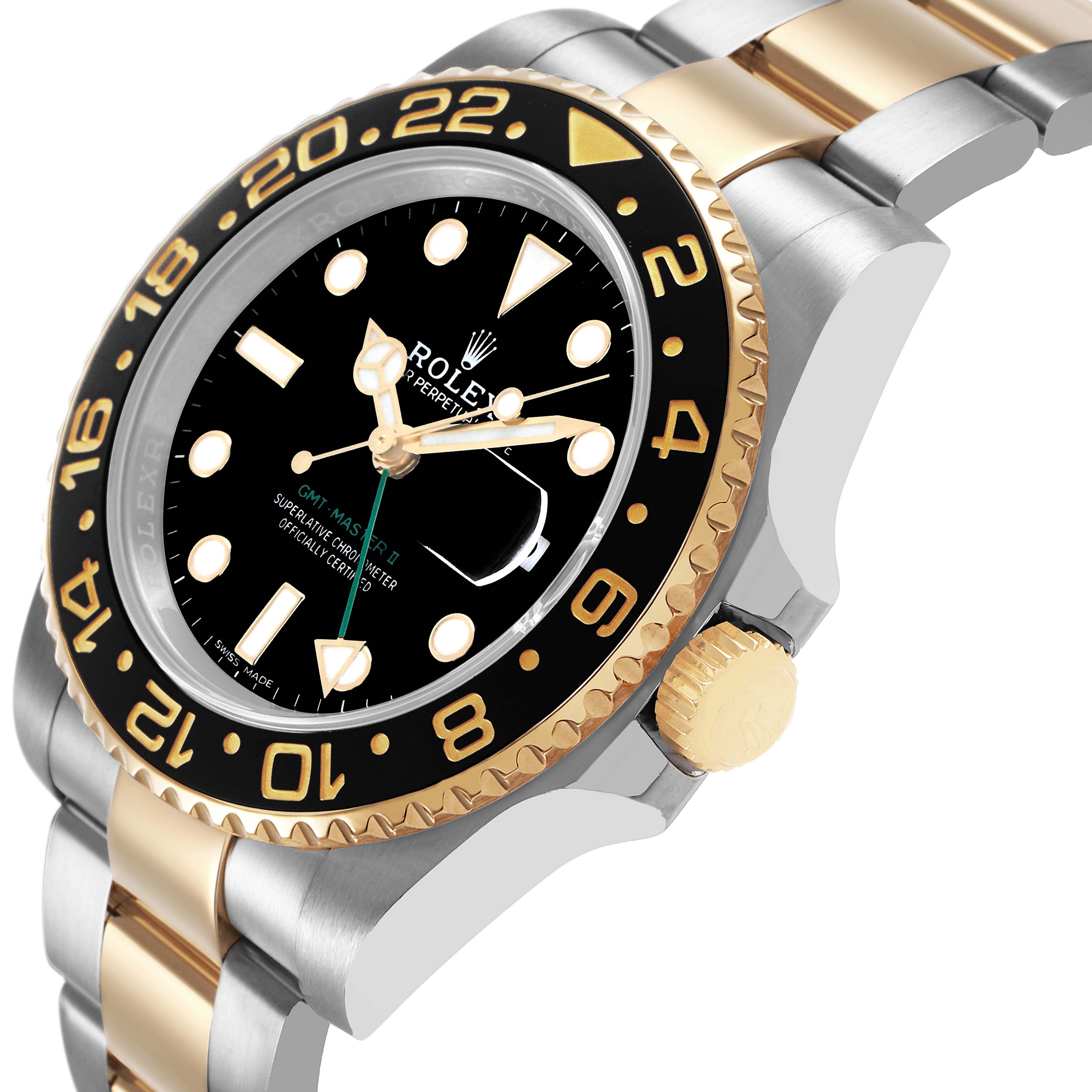 The Rolex GMT-Master M116713LN Men's Steel and Gold (two tone) Black Dial is shown at an angle highlighting its black and gold bezel, crown, and two-tone bracelet.