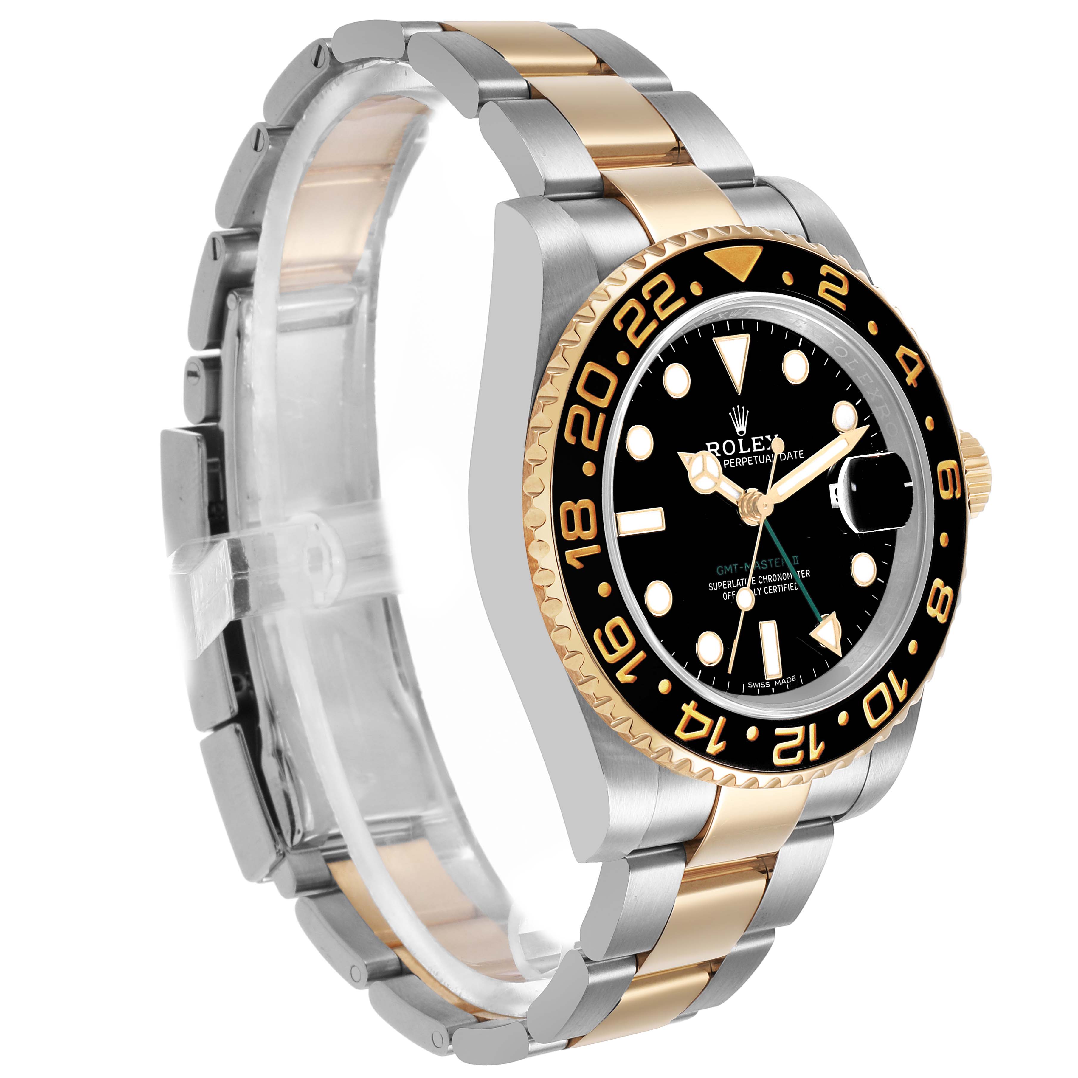 The Rolex GMT-Master M116713LN Men's Steel and Gold (two tone) Black Dial watch is shown at a three-quarter angle, highlighting its bezel, dial, and bracelet.