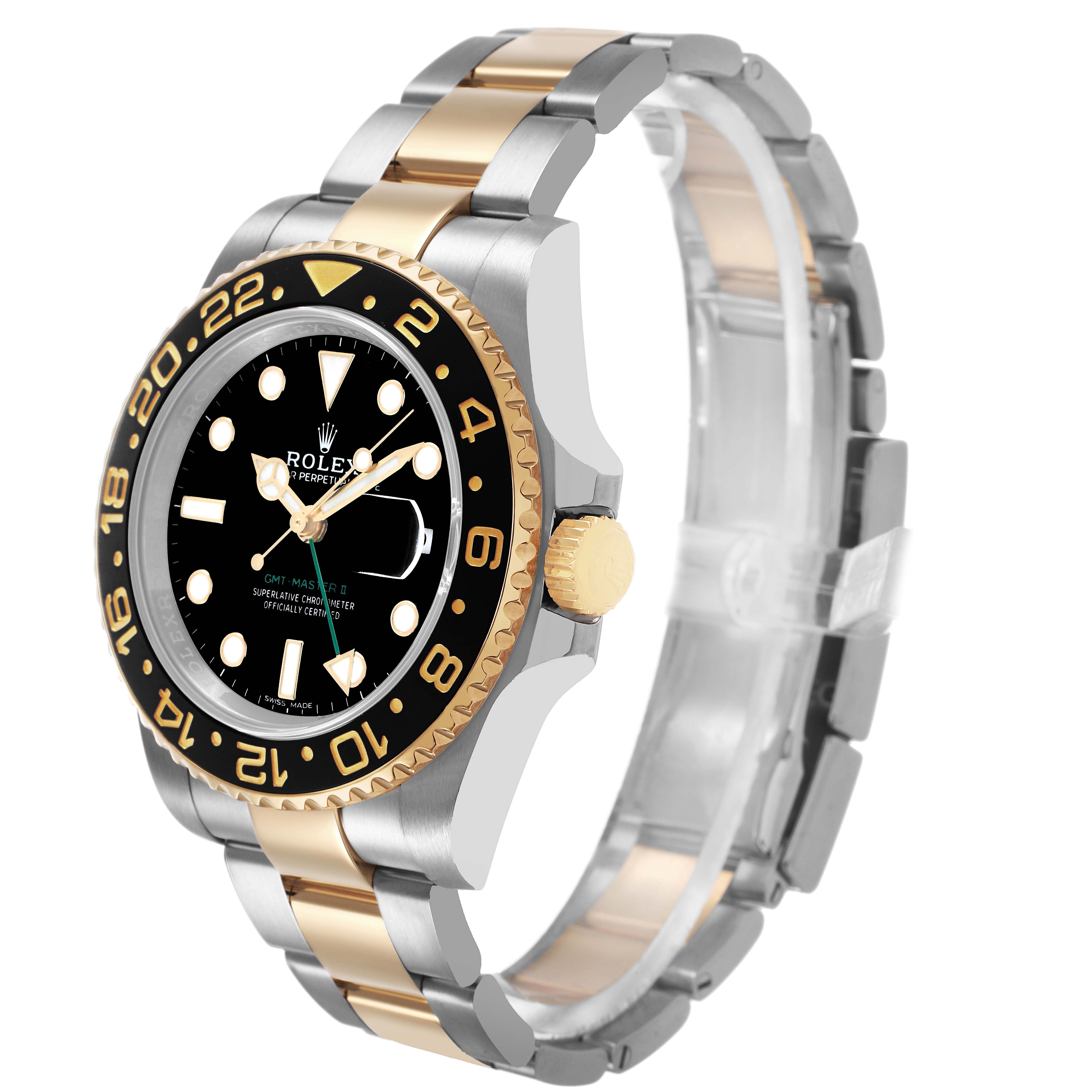 The Rolex GMT-Master M116713LN Men's Steel and Gold (two tone) Black Dial watch is shown at a three-quarter angle displaying its bezel, dial, crown, and bracelet.