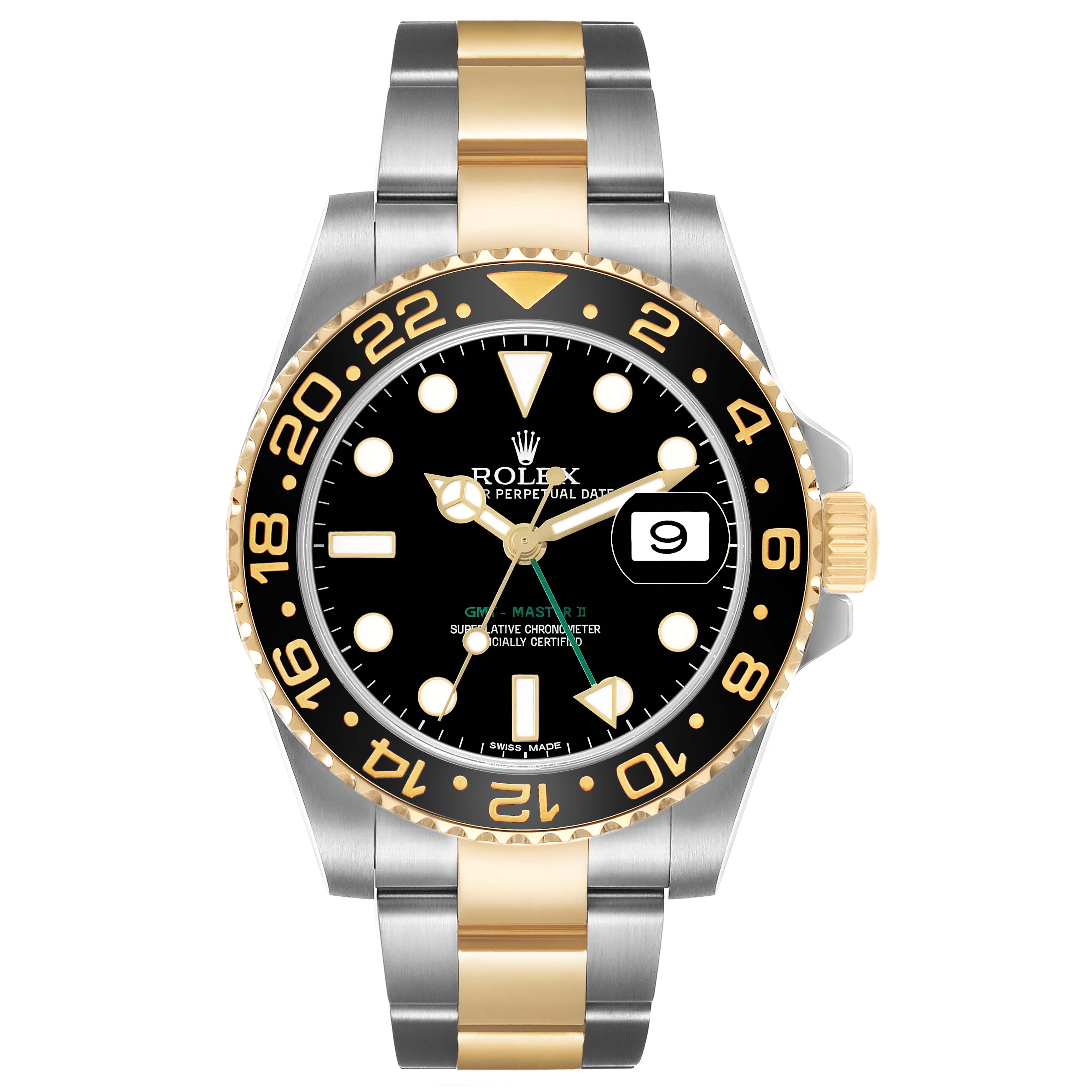 The Rolex GMT-Master M116713LN Men's Steel and Gold (two tone) Black Dial watch is shown from the front, displaying the bezel, dial, hands, date window, and dual-tone bracelet.