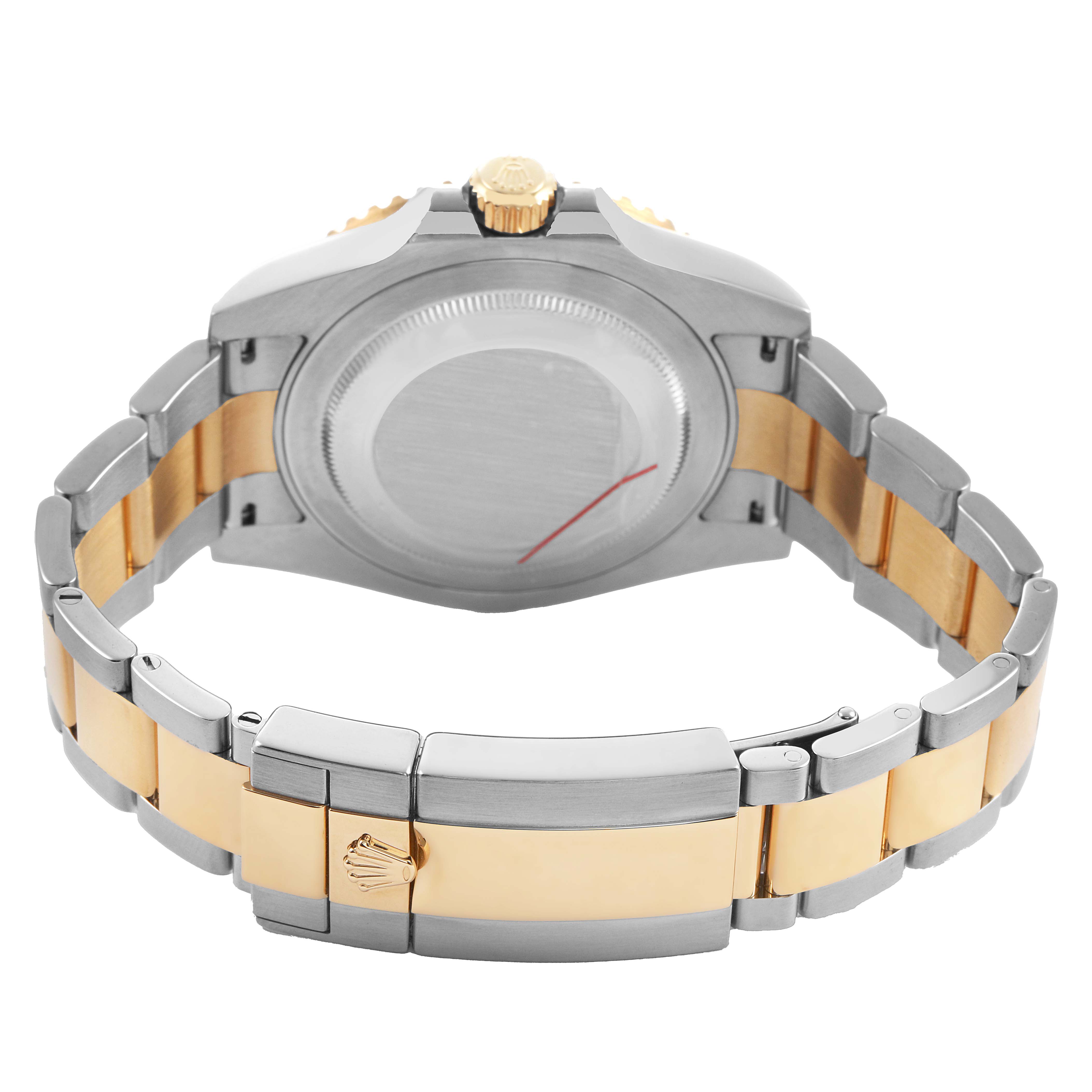The image shows the back of the Rolex GMT-Master M116713LN Men's Steel and Gold (two tone) Black Dial watch, focusing on the case, crown, and two-tone bracelet.
