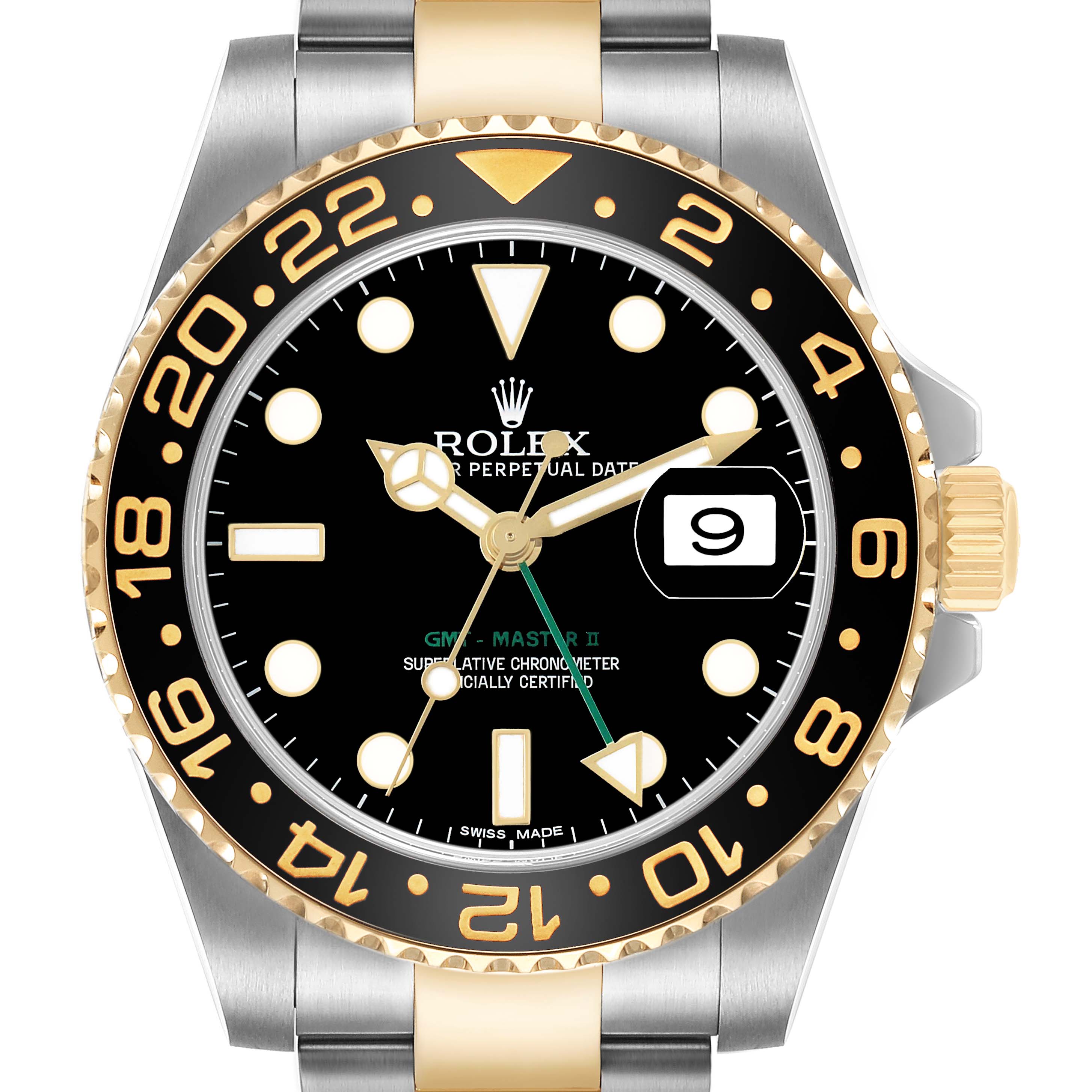 The Rolex GMT-Master M116713LN Men's Steel and Gold (two tone) Black Dial model is shown from a front view, highlighting the dial, bezel, case, and part of the bracelet.