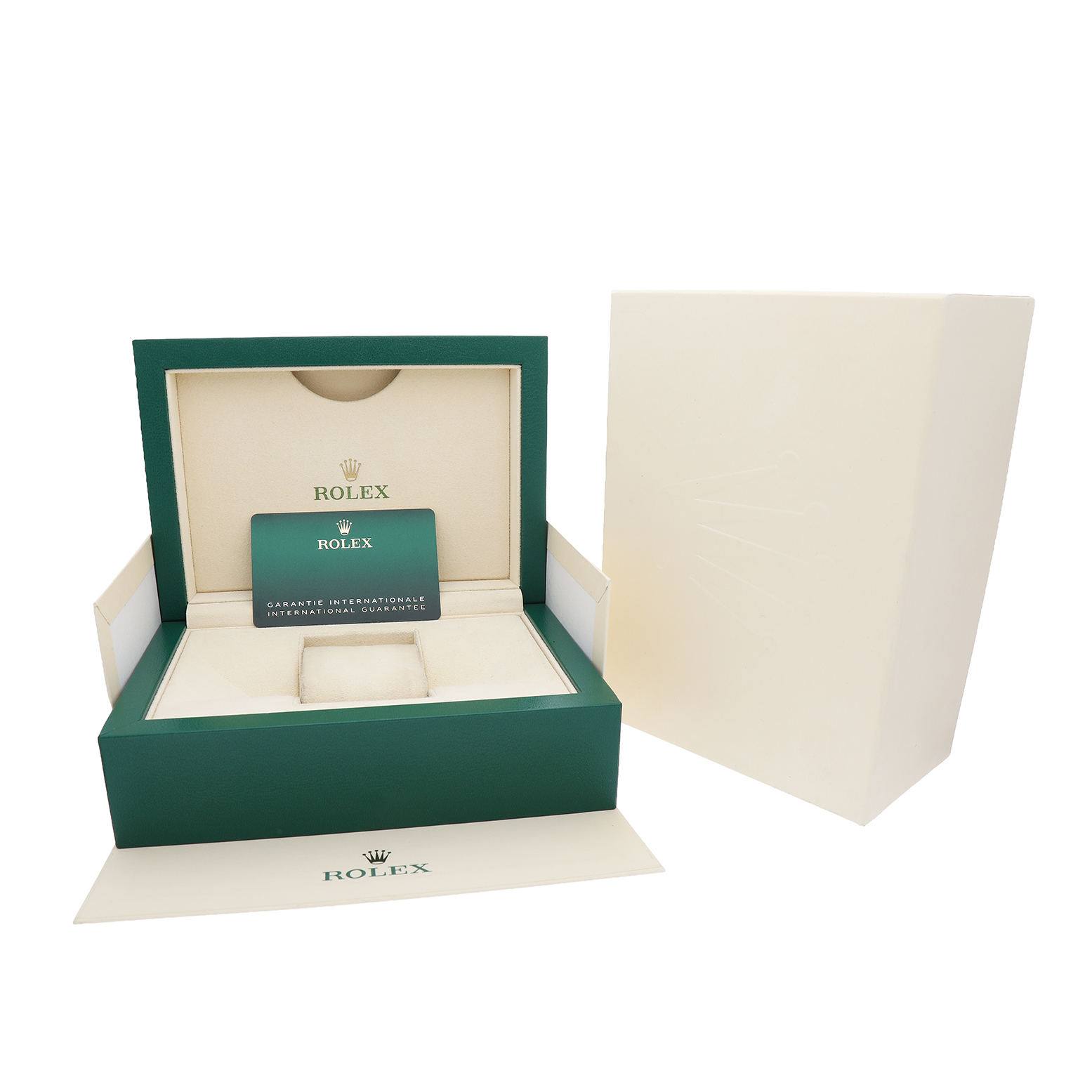 The image shows a green Rolex Land‑Dweller 127334 Men's Steel and Gold (two tone) White Dial box with an international guarantee card, viewed from the front.
