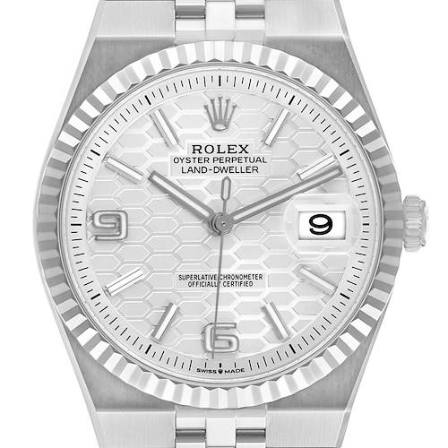 The Rolex Land-Dweller watch is shown from the front, displaying the dial, bezel, and part of the bracelet.