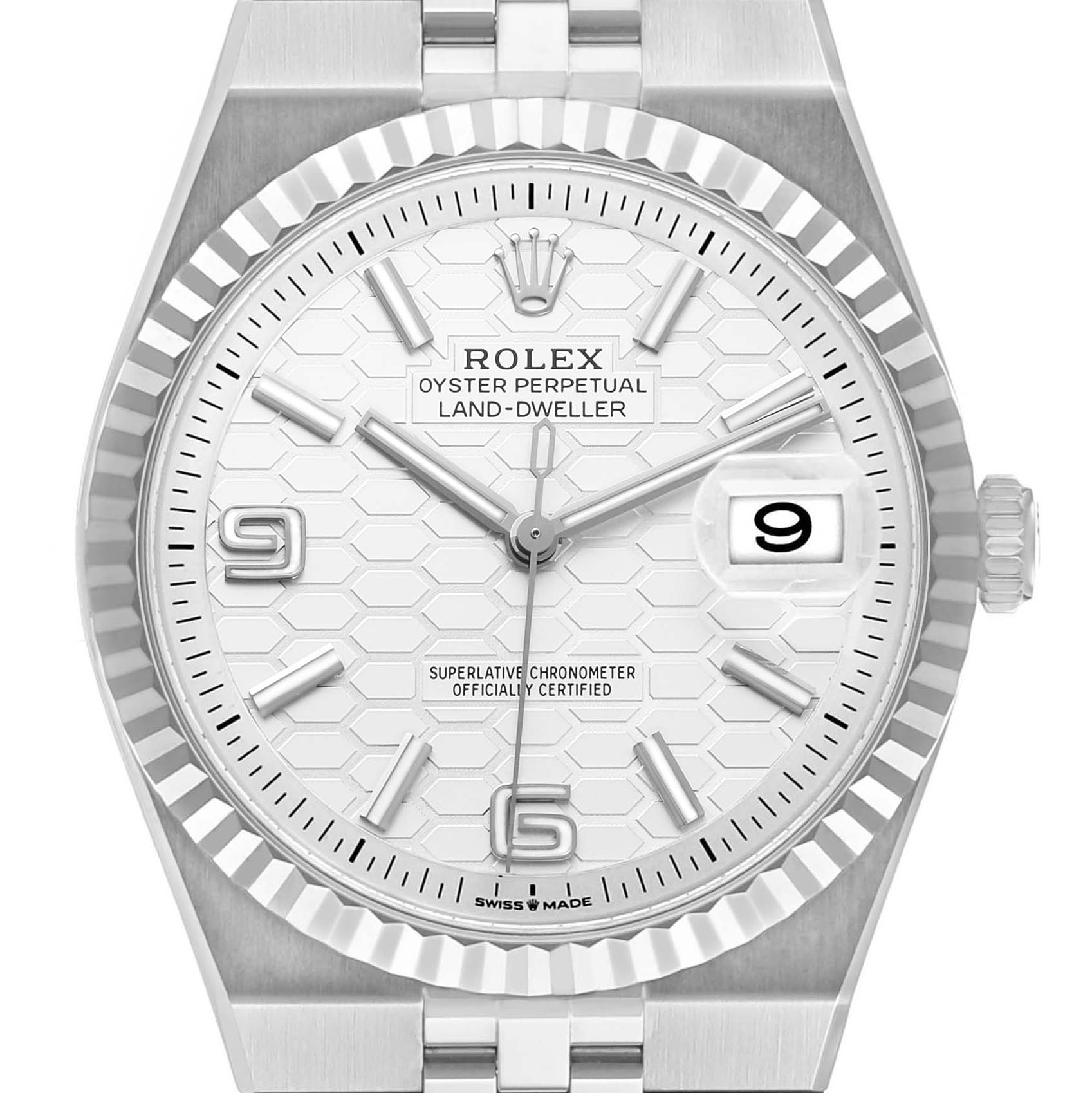The Rolex Land-Dweller watch is shown from the front, featuring the dial, bezel, and part of the bracelet.