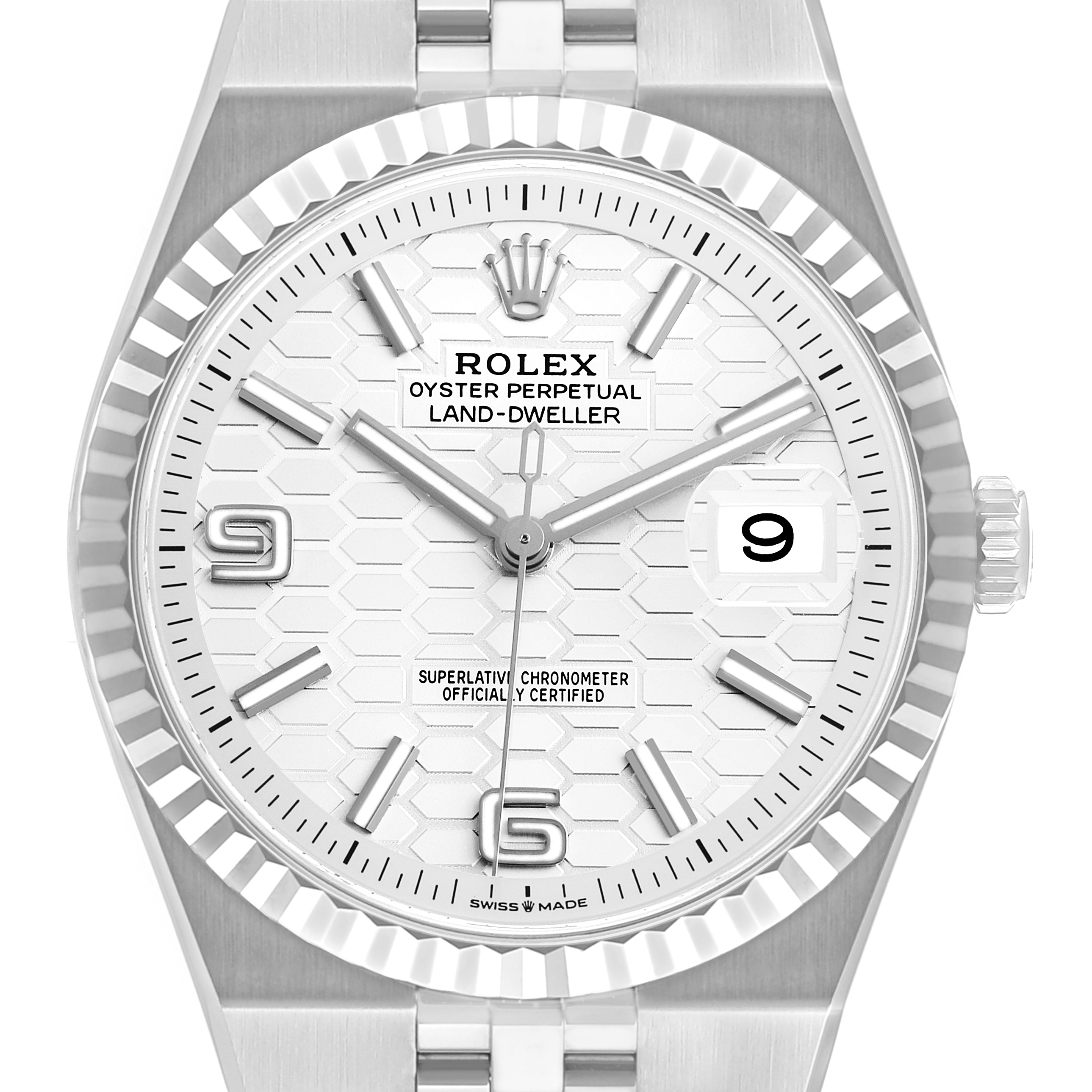The Rolex Land-Dweller watch is shown from a top-down angle, highlighting the dial, bezel, and partial bracelet.