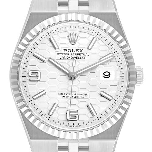 The Rolex Land‑Dweller 127334 Men's Stainless Steel White Dial watch is shown in a front view, highlighting its dial, bezel, and bracelet.