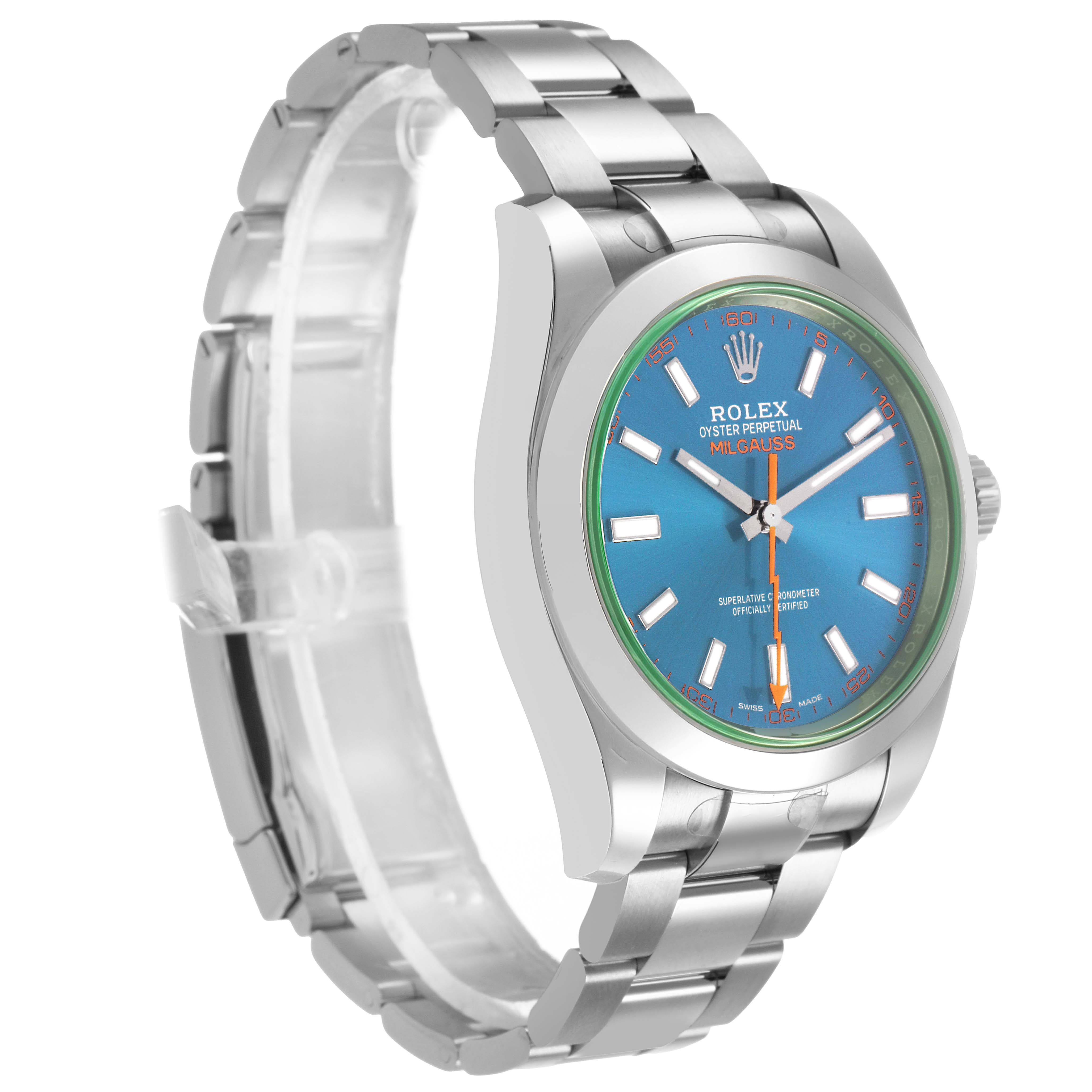 The Rolex Milgauss M116400GV Men's Stainless Steel Blue Dial watch is shown from a front-side angle, highlighting its face, bracelet, and clasp.