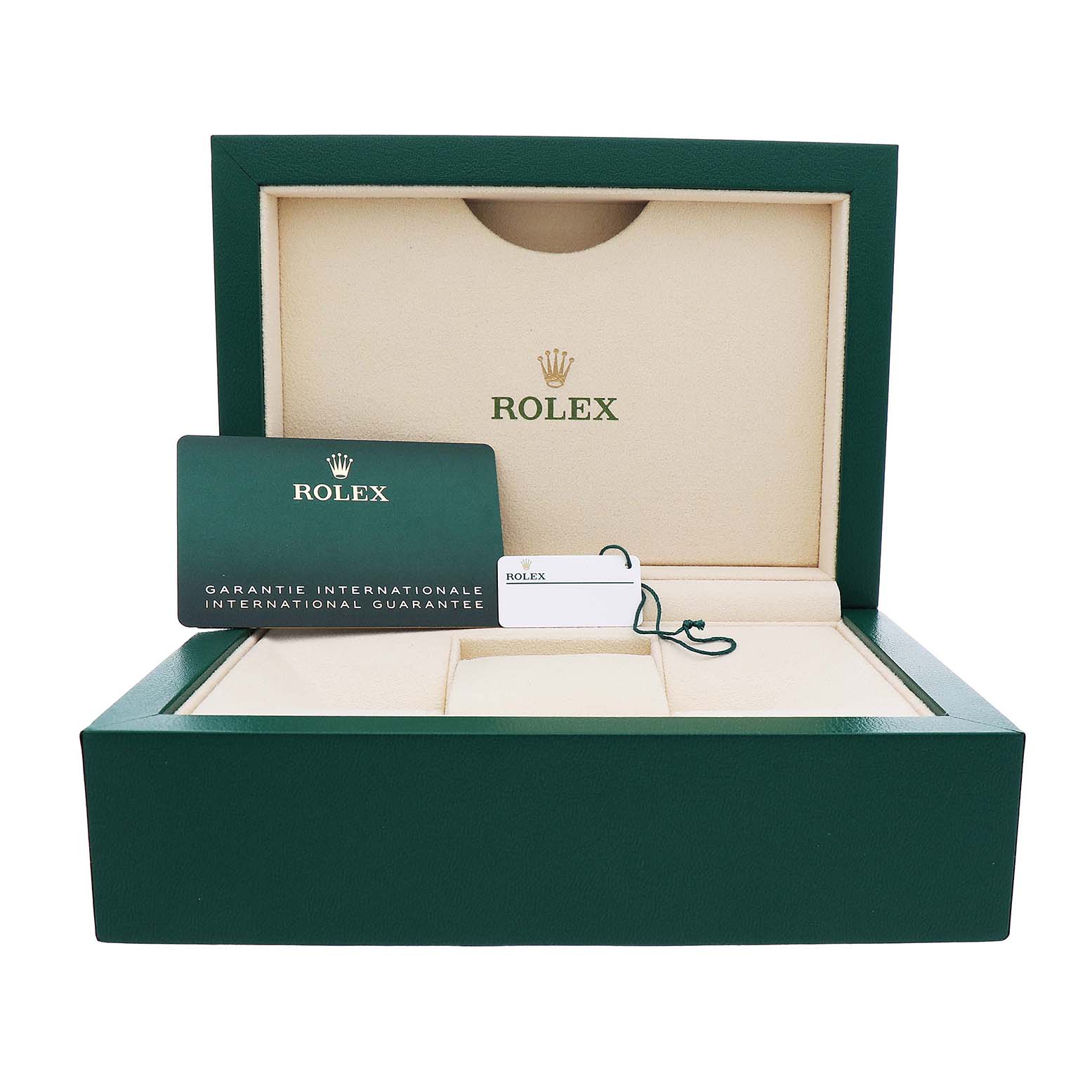 The image shows the open box, card, and tag for a Rolex Milgauss M116400GV Men's Stainless Steel Blue Dial watch set.