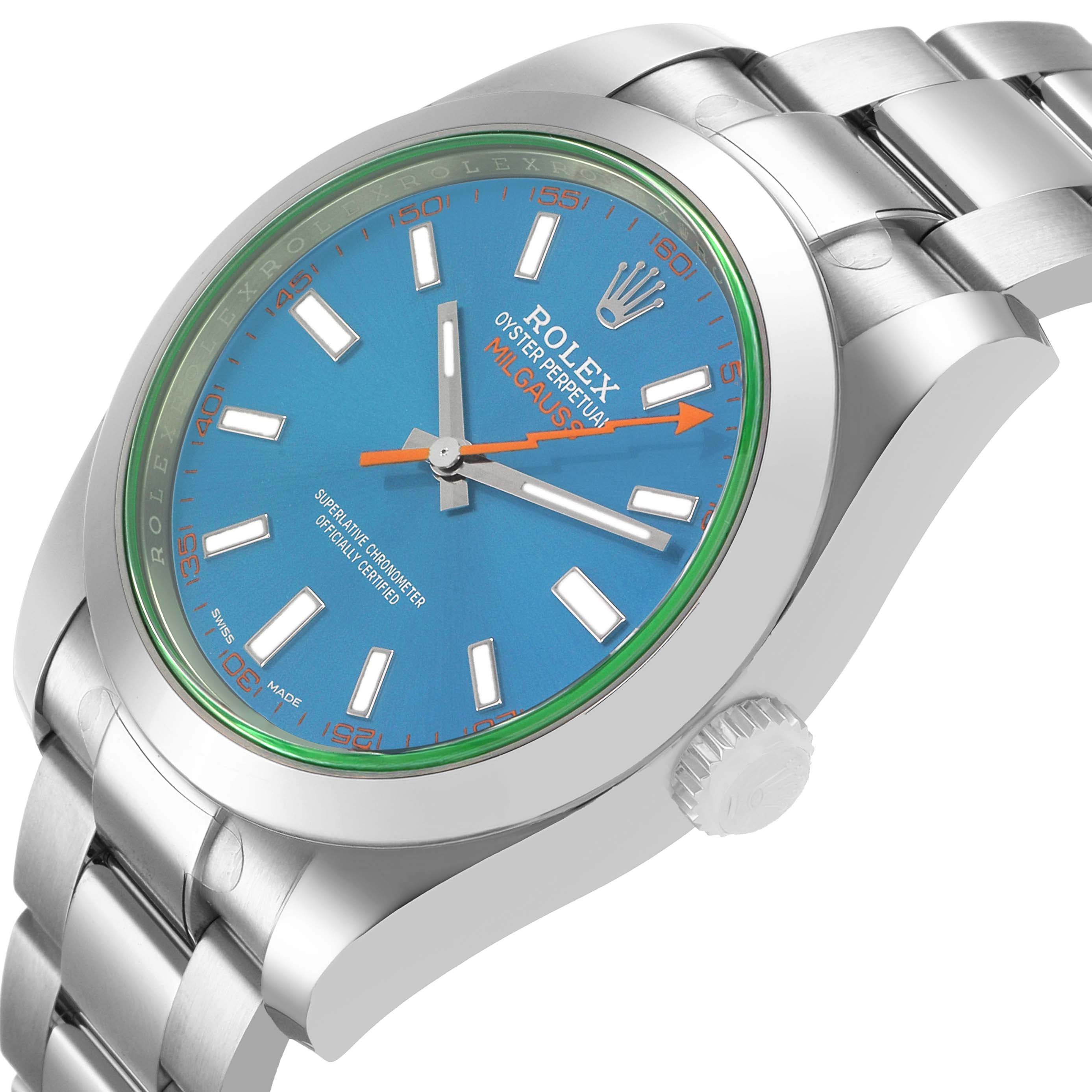 The Rolex Milgauss M116400GV Men's Stainless Steel Blue Dial watch is shown at a slight angle showcasing the face, case, and part of the bracelet.