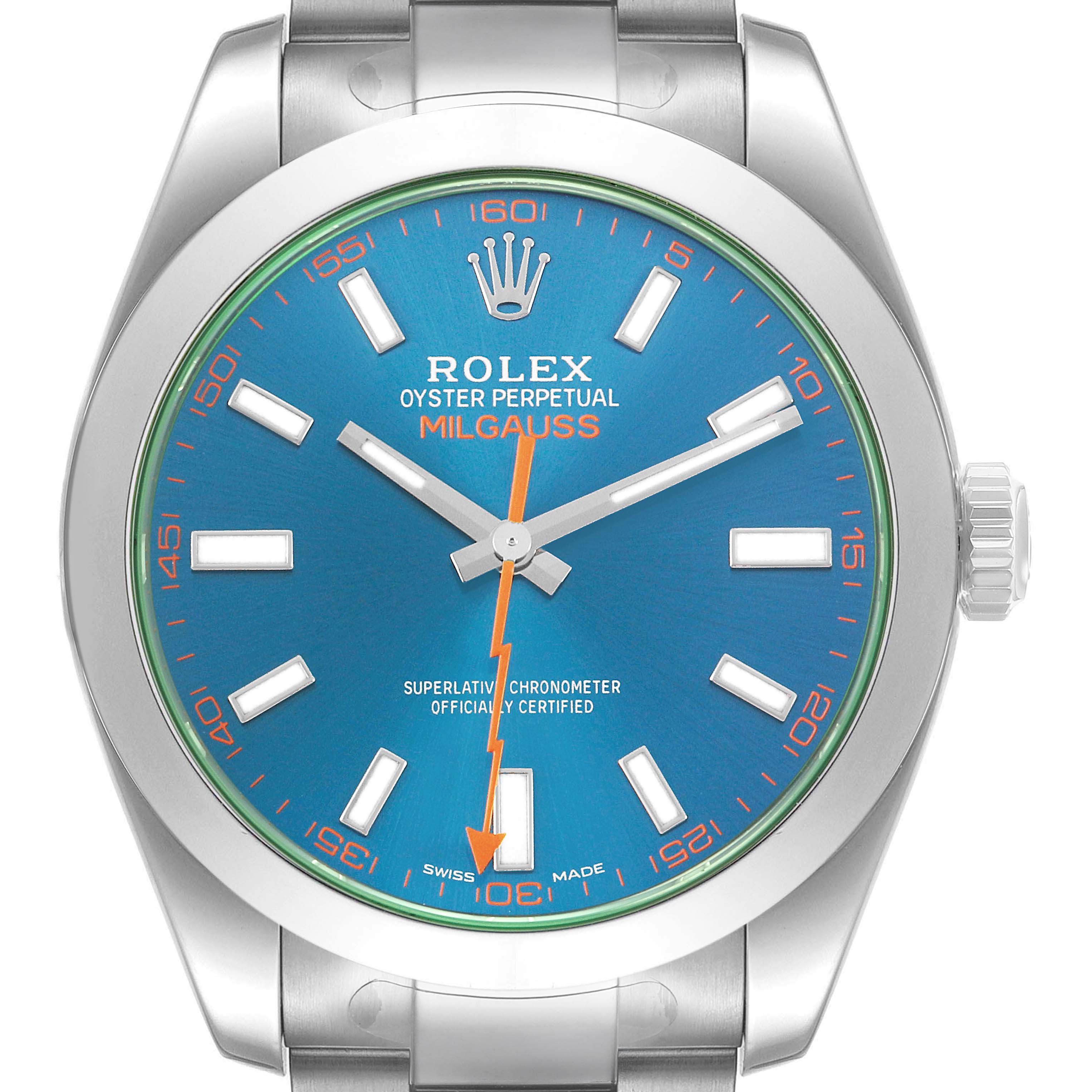 The Rolex Milgauss M116400GV Men's Stainless Steel Blue Dial watch is shown from a frontal angle, displaying its blue dial, orange lightning bolt seconds hand, and stainless steel case.