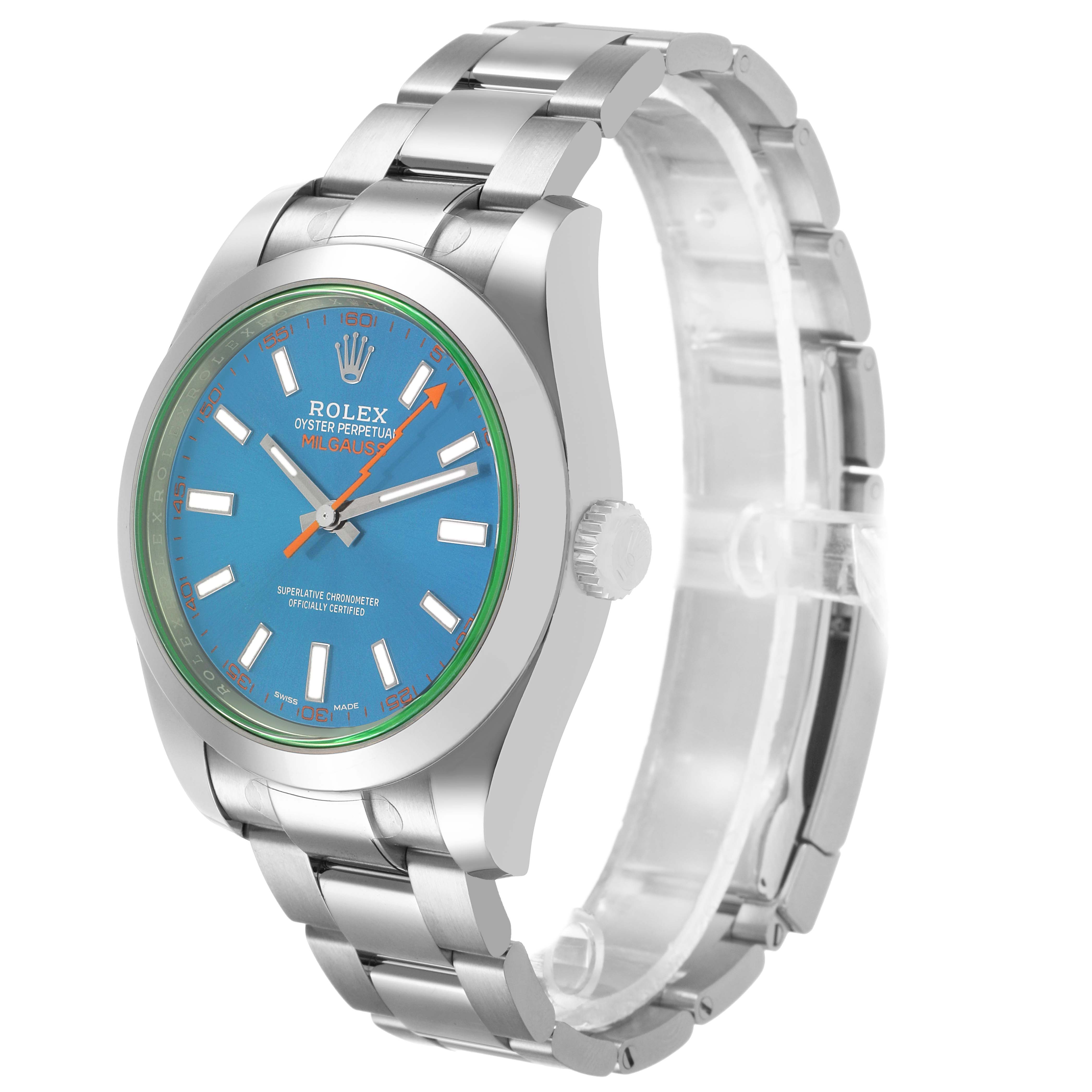 The Rolex Milgauss M116400GV Men's Stainless Steel Blue Dial watch is shown from an angled side view, highlighting the face, bezel, and bracelet.