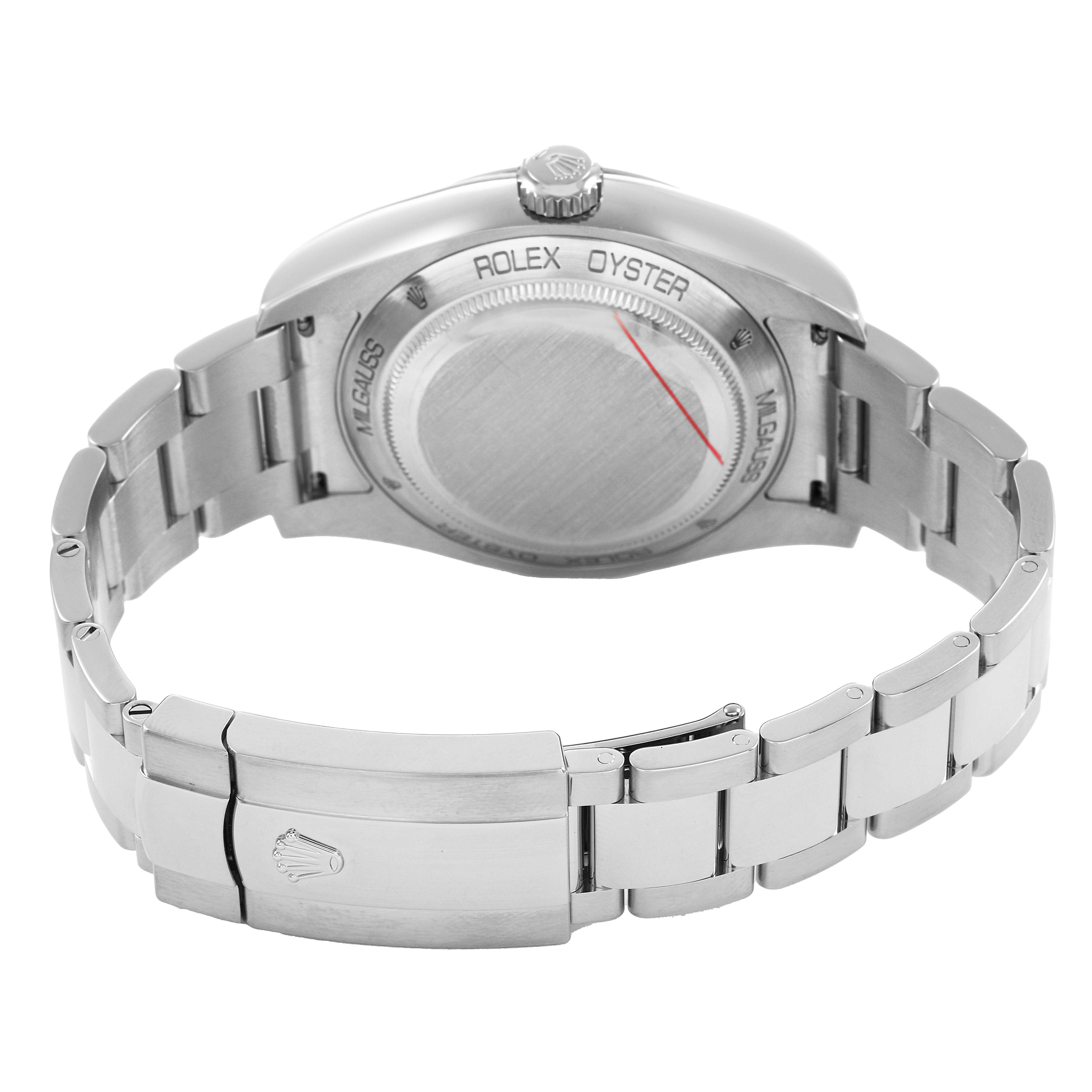 The image shows the back and clasp of the Rolex Milgauss M116400GV Men's Stainless Steel Blue Dial, featuring the case back and bracelet from a rear angle.