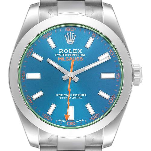 The Rolex Milgauss M116400GV Men's Stainless Steel Blue Dial watch is shown from a front angle, highlighting the dial, hands, and bezel.