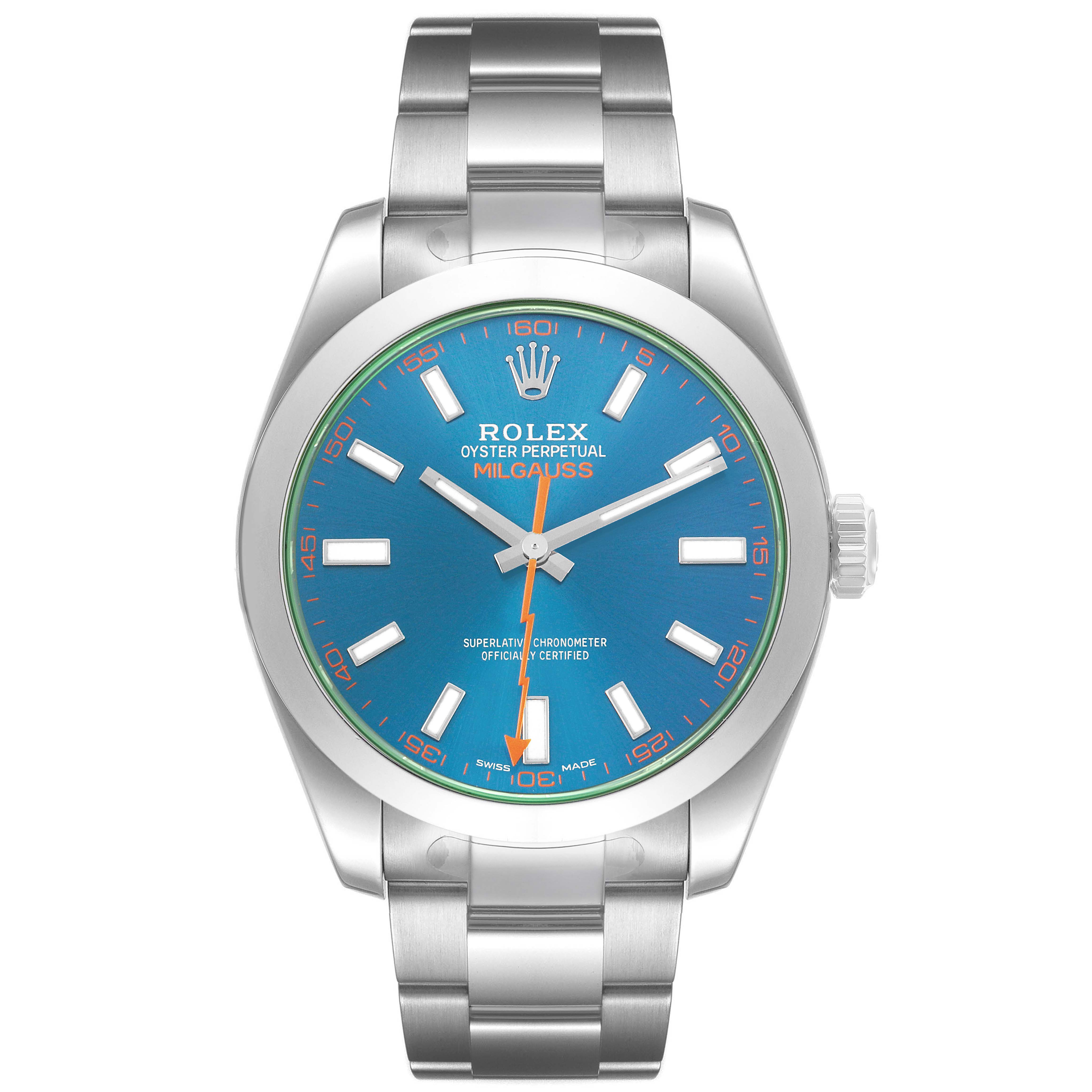 The Rolex Milgauss M116400GV Men's Stainless Steel Blue Dial watch is shown from a front view, highlighting the dial, bezel, bracelet, and crown.