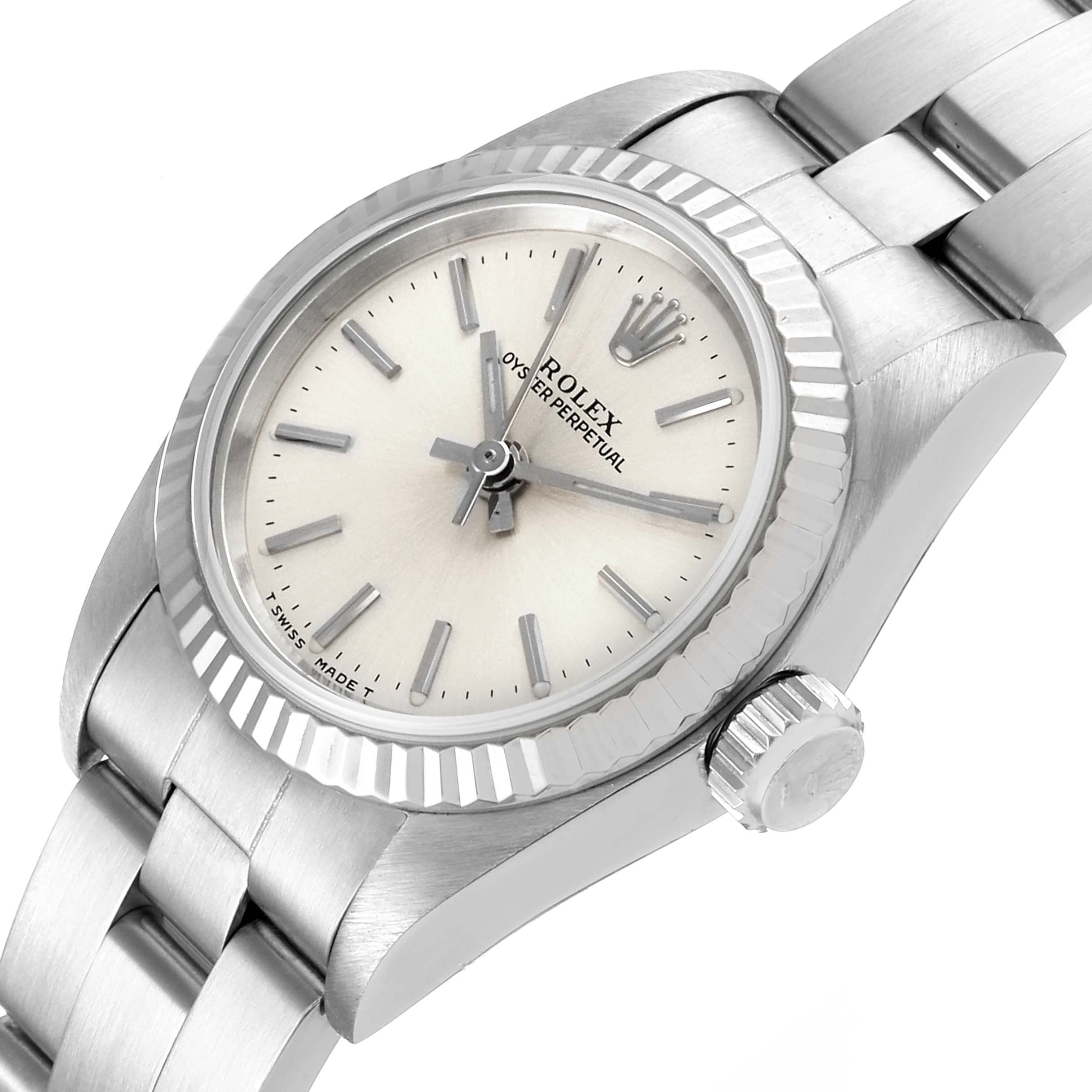 This image shows a Rolex Oyster Perpetual 67194 Women's Stainless Steel Silver Dial 67194 Women's Stainless Steel Silver Dial watch from a slightly tilted top view, highlighting the dial, bezel, and partial bracelet.