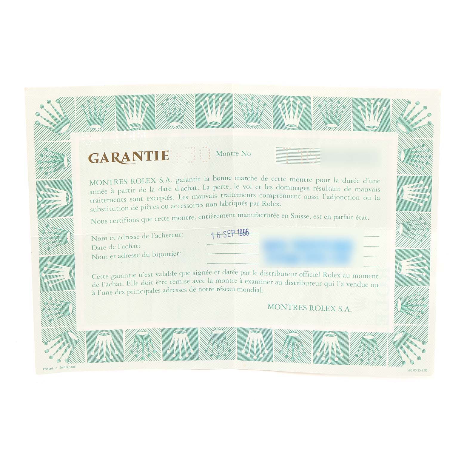 This image shows a guarantee certificate for a Rolex Oyster Perpetual 67194 Women's Stainless Steel Silver Dial 67194 Women's Stainless Steel Silver Dial watch, dated 6 SEP 1996.