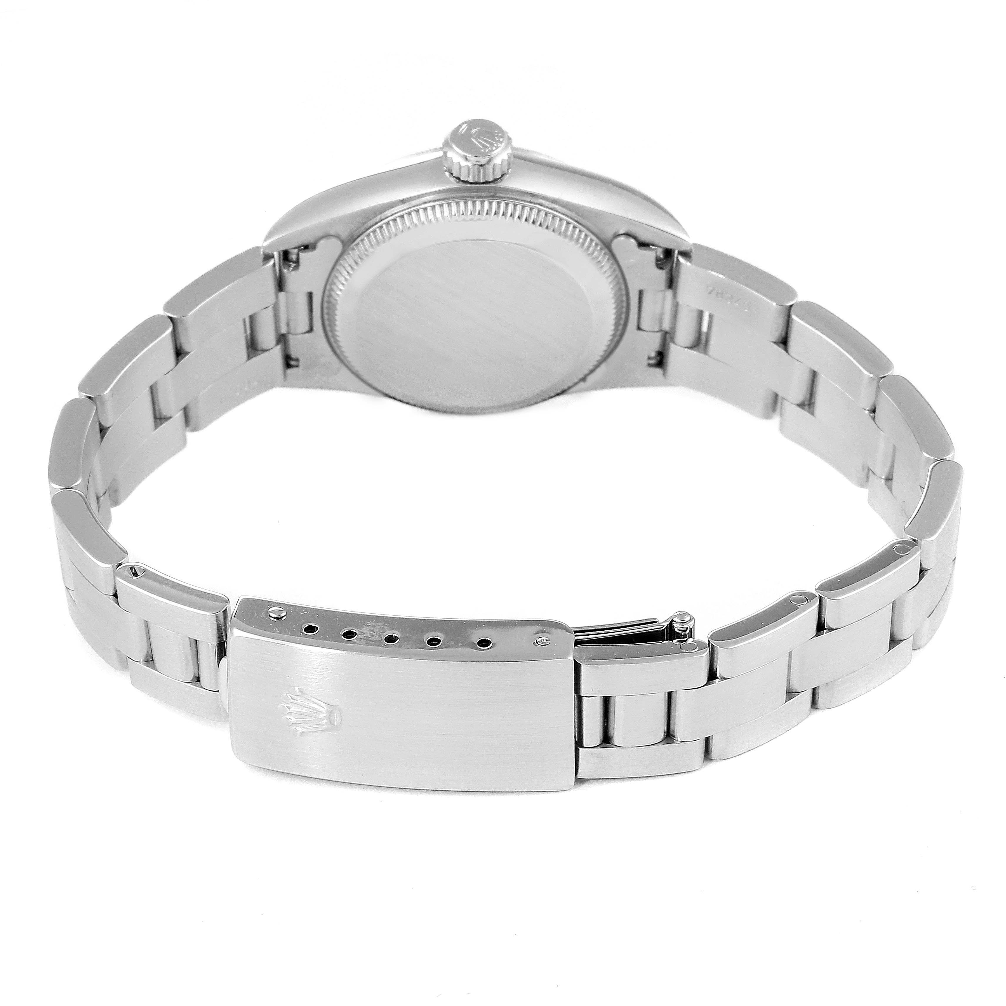 The image shows the back angle of a Rolex Oyster Perpetual 67194 Women's Stainless Steel Silver Dial 67194 Women's Stainless Steel Silver Dial watch, highlighting the clasp and bracelet.