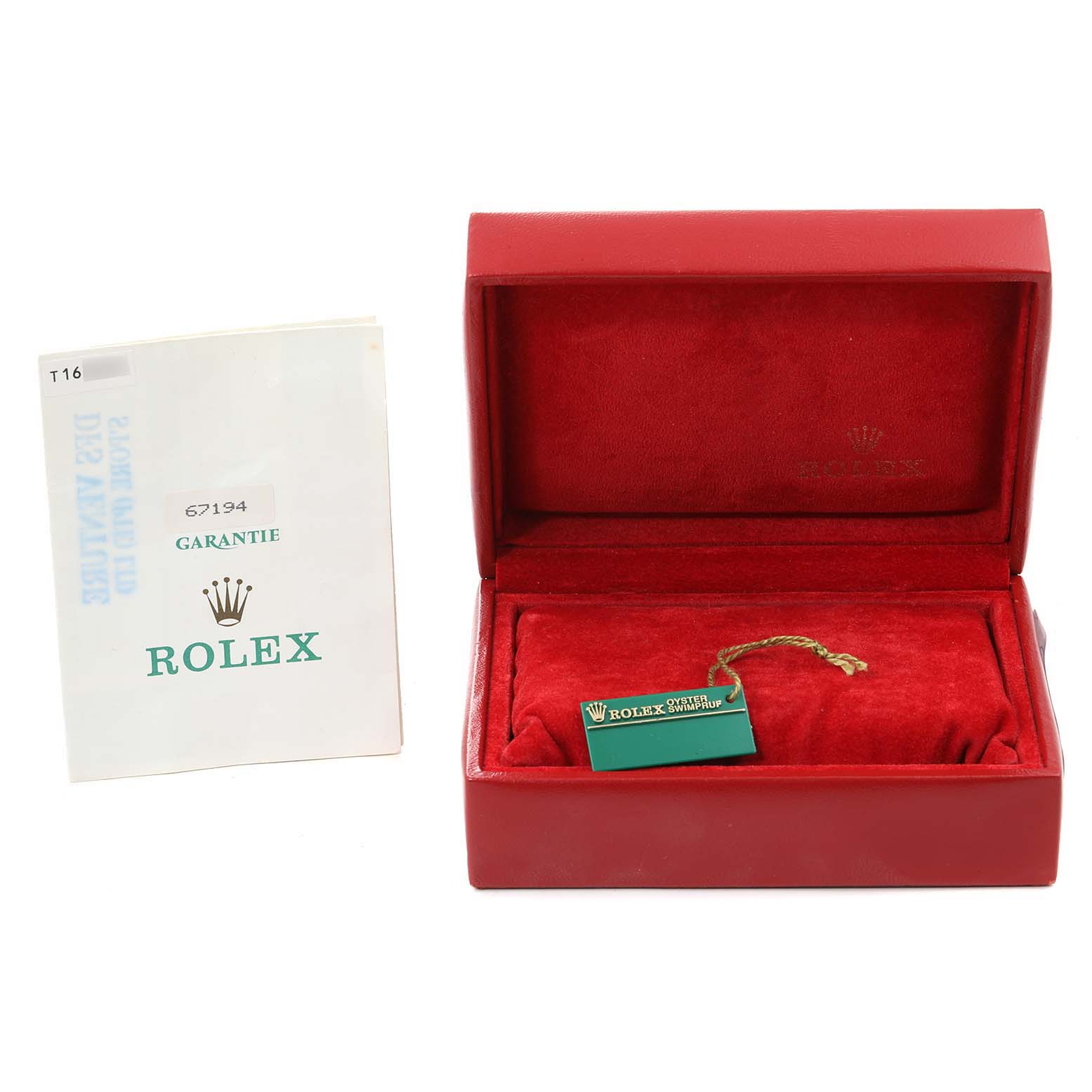 The image shows a red Rolex box for the Oyster Perpetual model and a warranty card.
