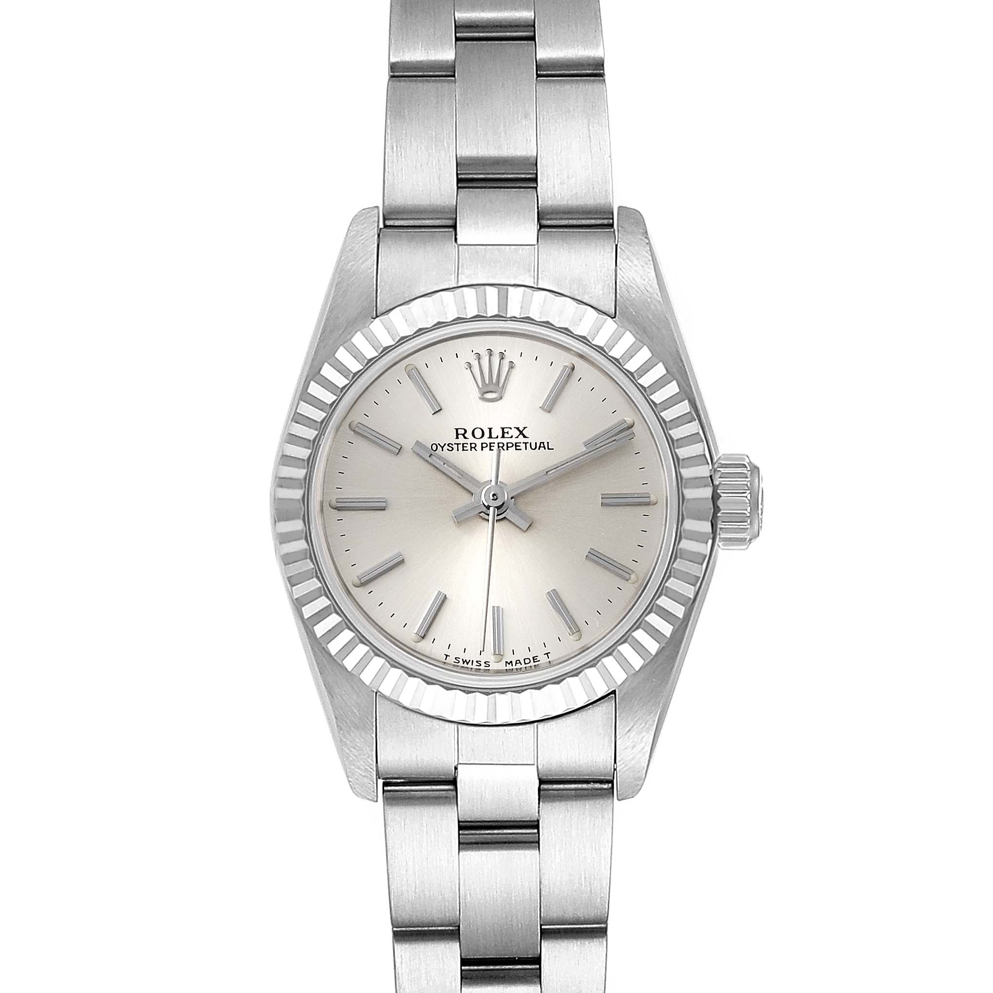 The image shows a front view of the Rolex Oyster Perpetual 67194 Women's Stainless Steel Silver Dial 67194 Women's Stainless Steel Silver Dial watch, displaying its dial, bezel, case, and bracelet.