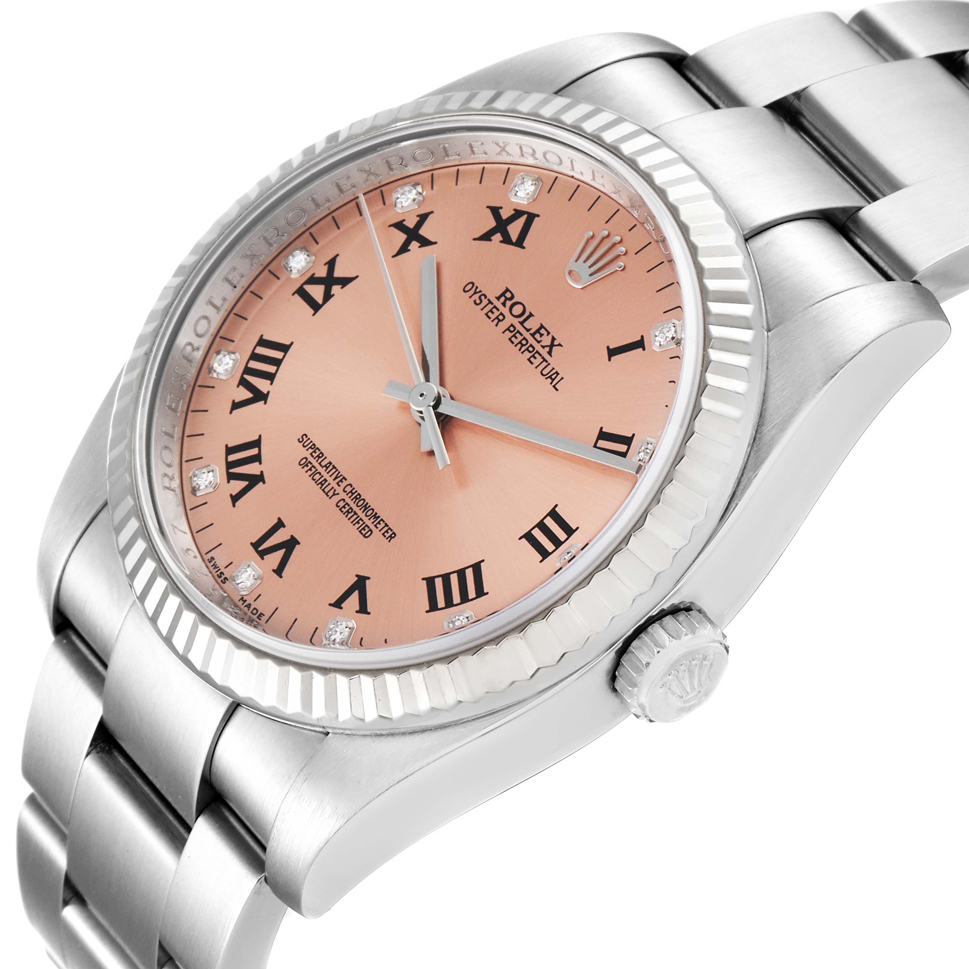 The image shows a close-up view of a Rolex Oyster Perpetual 116034 Men
s Stainless Steel Pink Dial 116034 Men
s Stainless Steel Pink Dial watch, focusing on its pink dial, Roman numerals, bezel, and bracelet.
