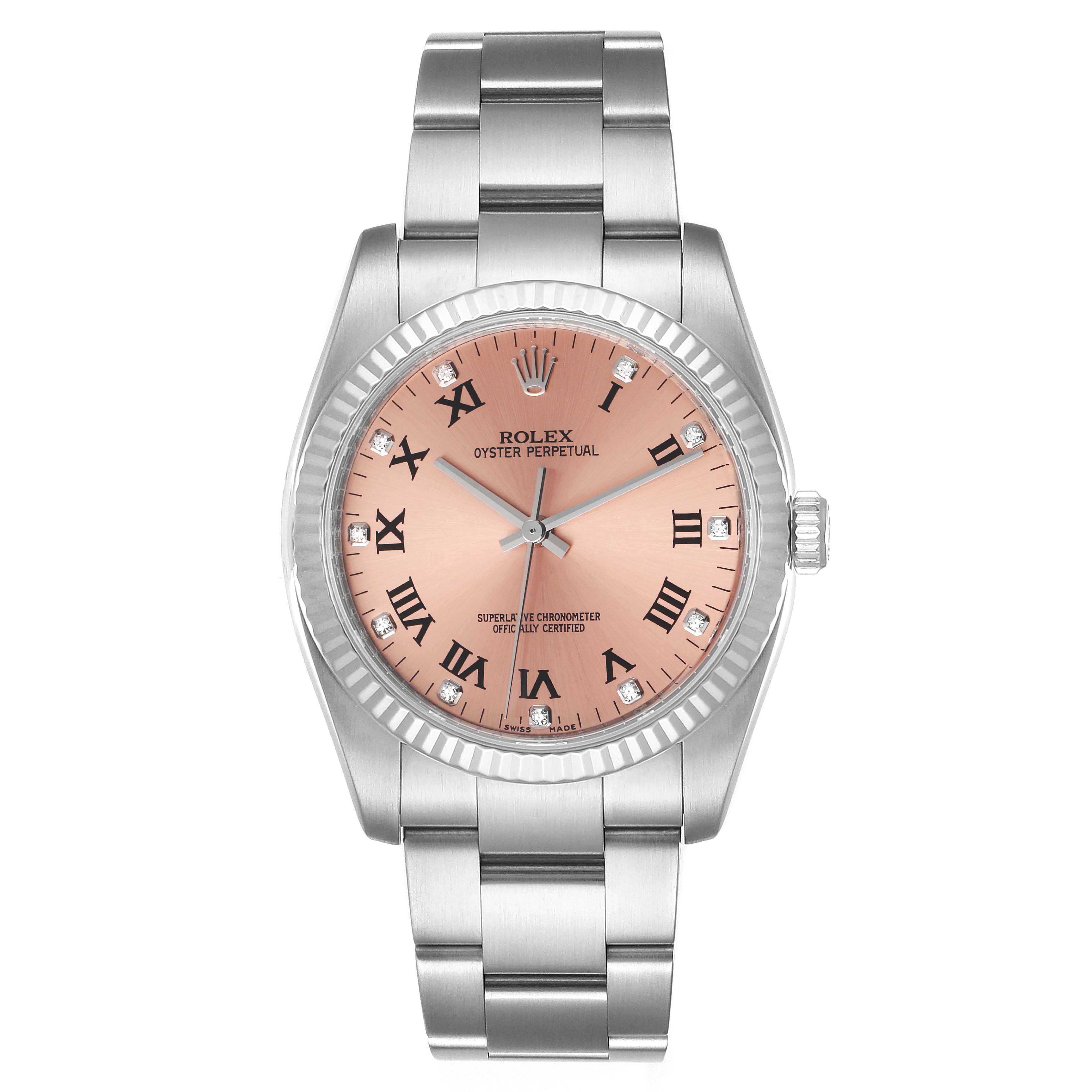 The image shows a front view of a Rolex Oyster Perpetual 116034 Men
s Stainless Steel Pink Dial 116034 Men
s Stainless Steel Pink Dial watch with a pink dial, Roman numerals, and a stainless steel bracelet.