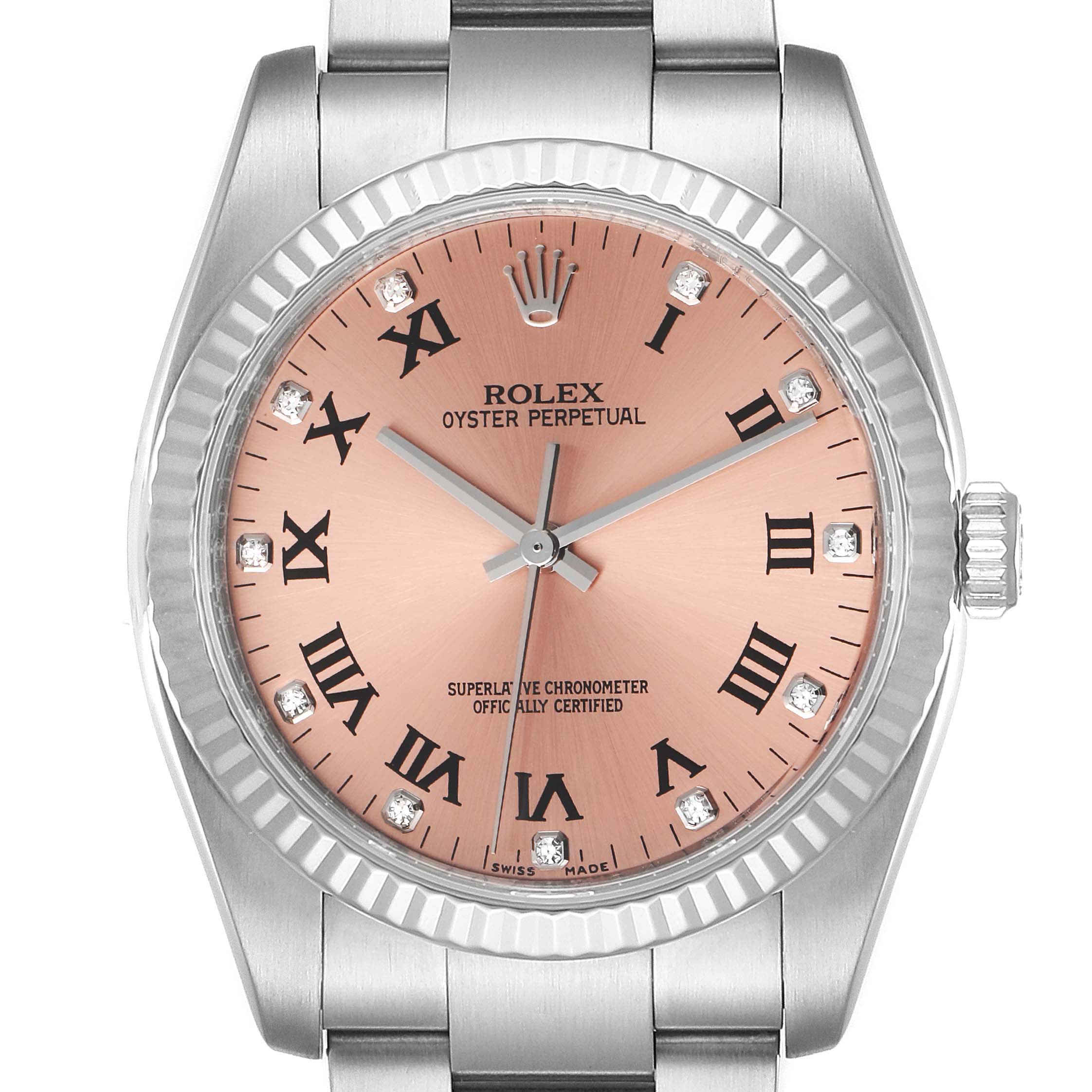 This image shows a front view of the Rolex Oyster Perpetual 116034 Men
s Stainless Steel Pink Dial 116034 Men
s Stainless Steel Pink Dial watch, highlighting its dial, bezel, and a portion of its bracelet.