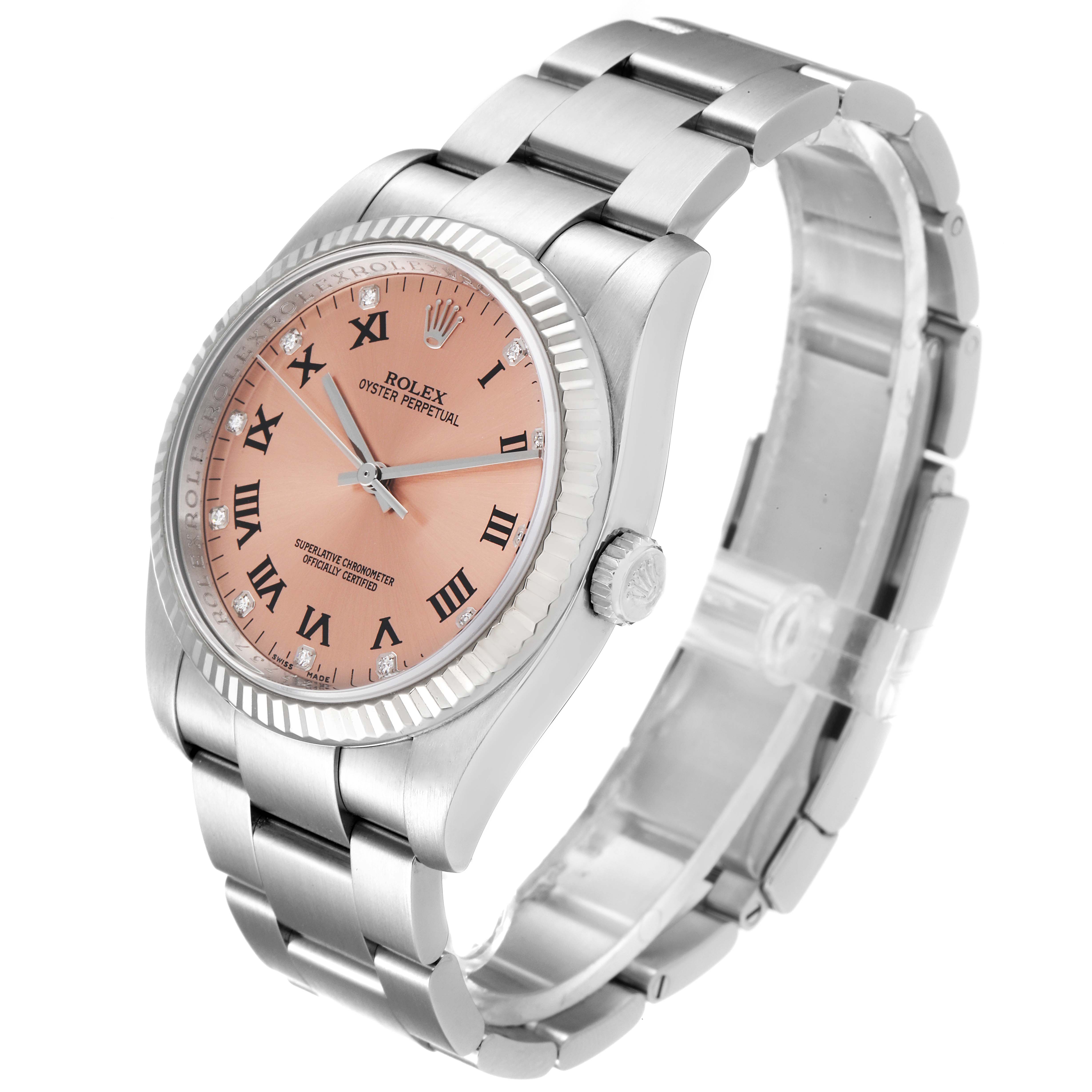 This image shows a Rolex Oyster Perpetual 116034 Men
s Stainless Steel Pink Dial 116034 Men
s Stainless Steel Pink Dial watch at a three-quarter angle, displaying its face, bezel, crown, and bracelet.