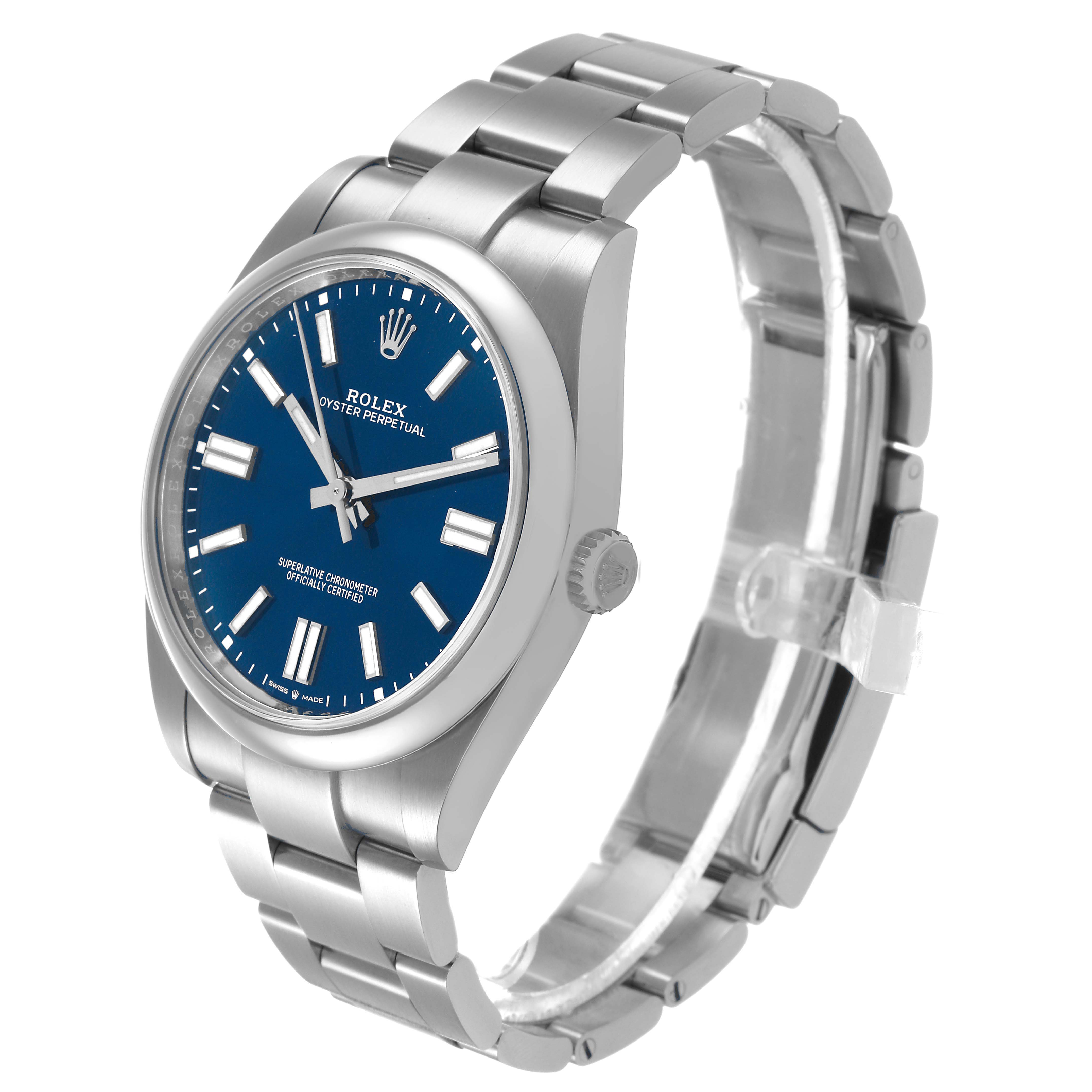 The Rolex Oyster Perpetual 124300 Men's Stainless Steel Blue Dial watch is shown at a slight angle displaying the blue dial, stainless steel case, and bracelet.