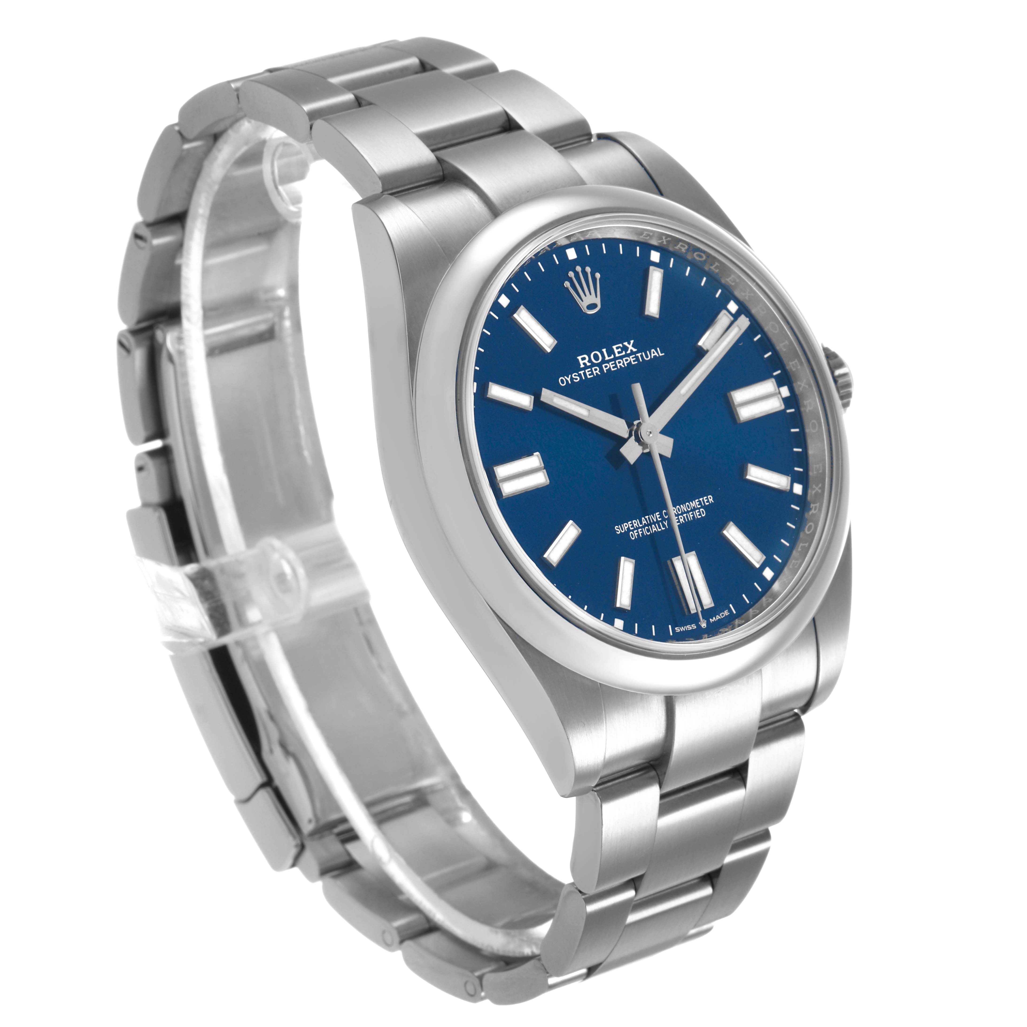 The Rolex Oyster Perpetual 124300 Men's Stainless Steel Blue Dial watch is shown at a slight angle, displaying the dial, bracelet, and crown.