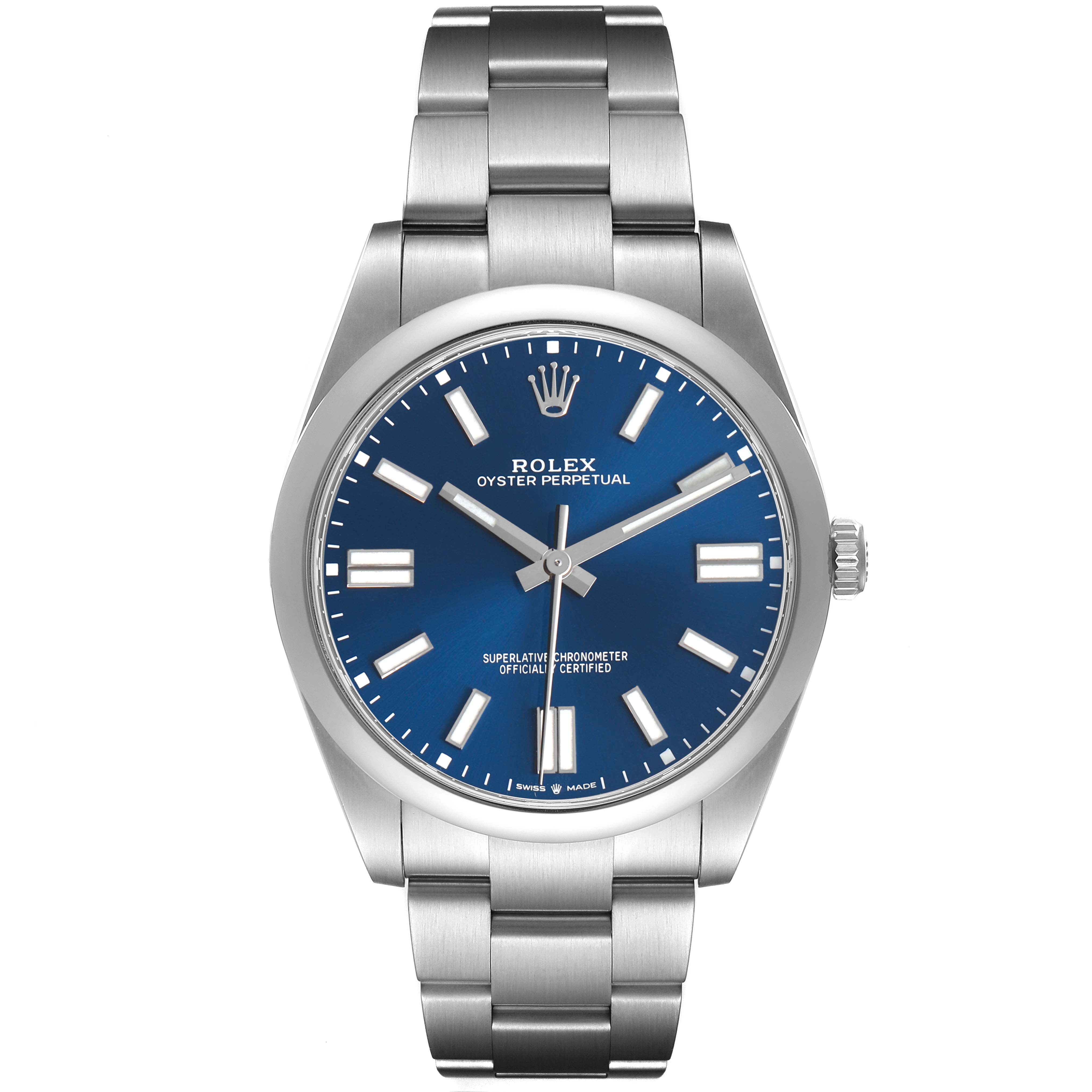 The Rolex Oyster Perpetual 124300 Men's Stainless Steel Blue Dial watch is shown from the front, displaying the face, dial, and bracelet.