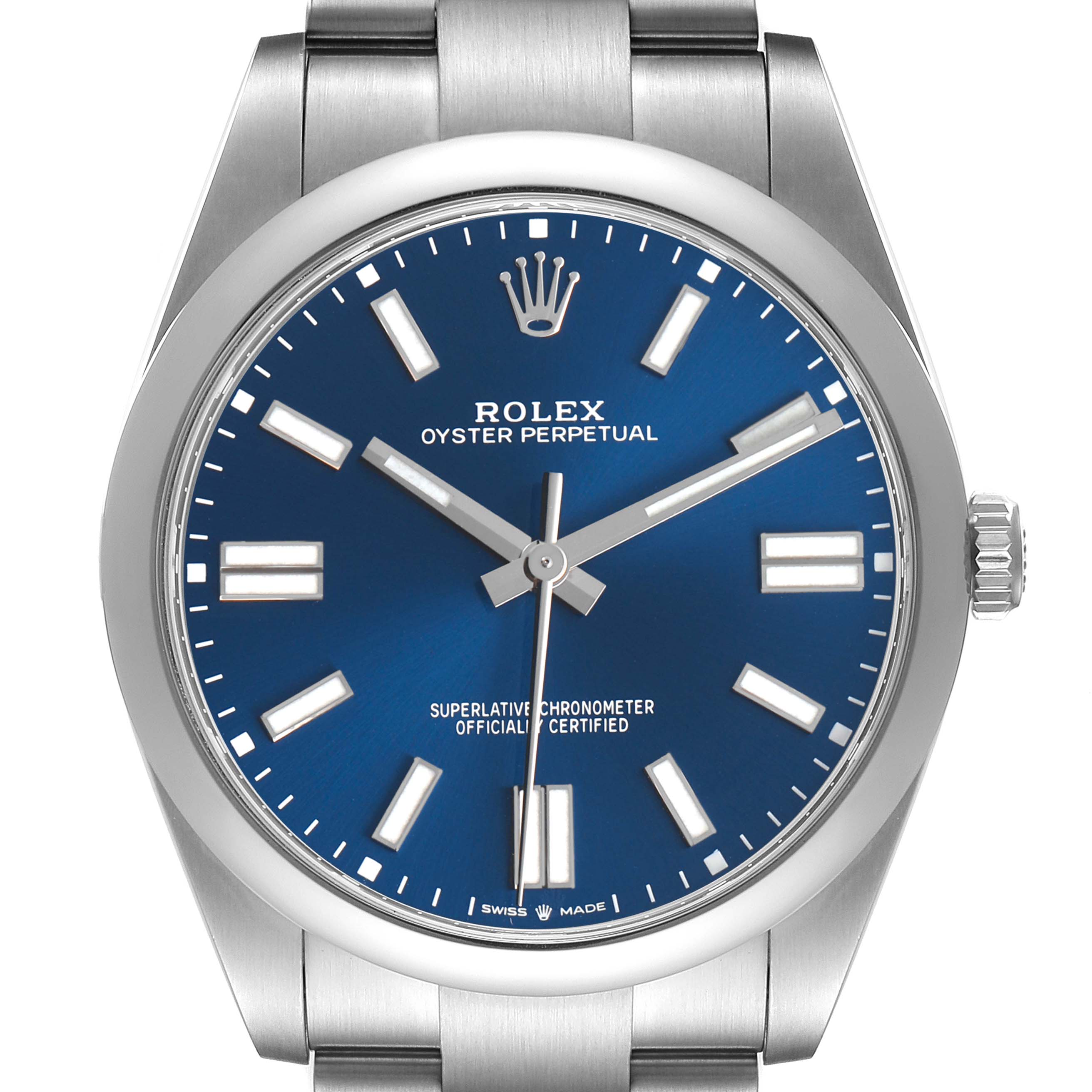 The Rolex Oyster Perpetual 124300 Men's Stainless Steel Blue Dial watch is shown from a front angle, highlighting the blue dial, crown, and part of the stainless steel bracelet.