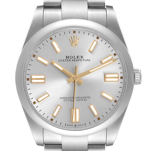 The image shows a front view of the Rolex Oyster Perpetual 124300 Men's Stainless Steel Silver Dial, displaying its dial, hands, hour markers, and crown.