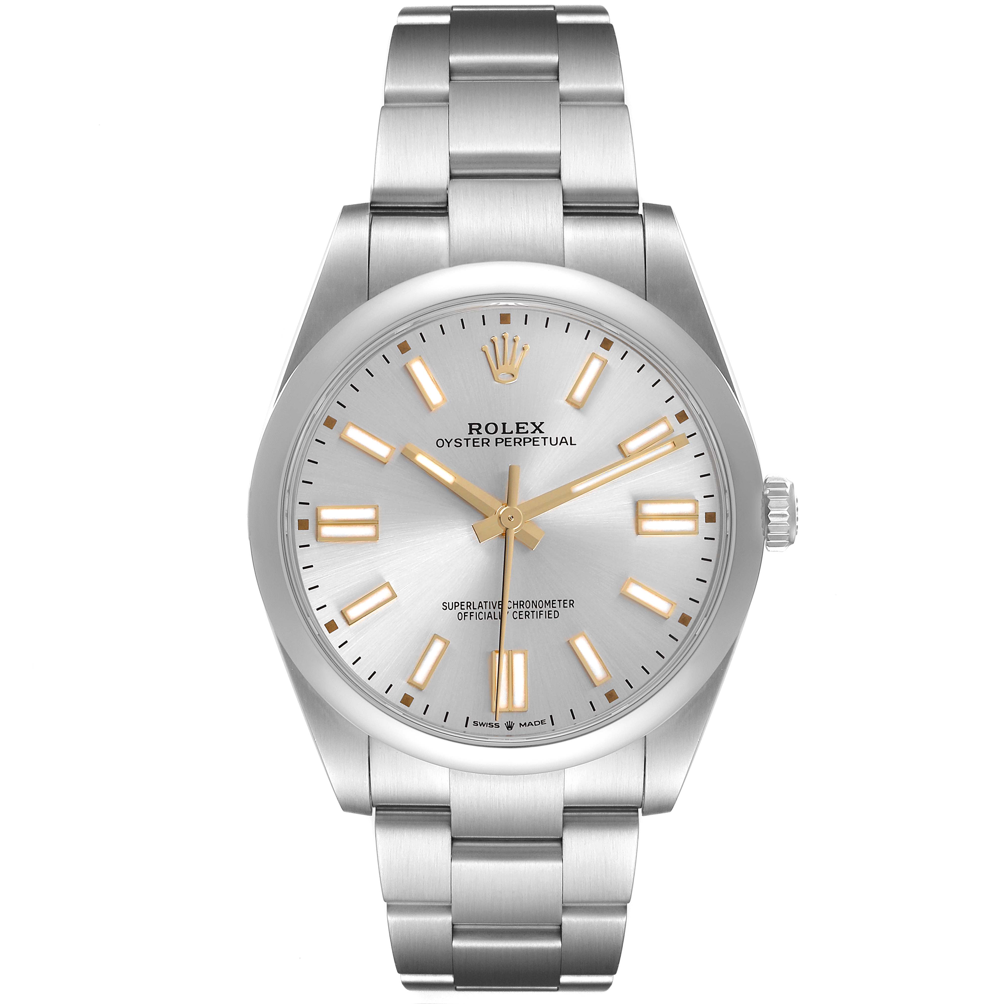 The Rolex Oyster Perpetual 124300 Men's Stainless Steel Silver Dial watch is shown from a front view, highlighting the dial, bracelet, and crown.