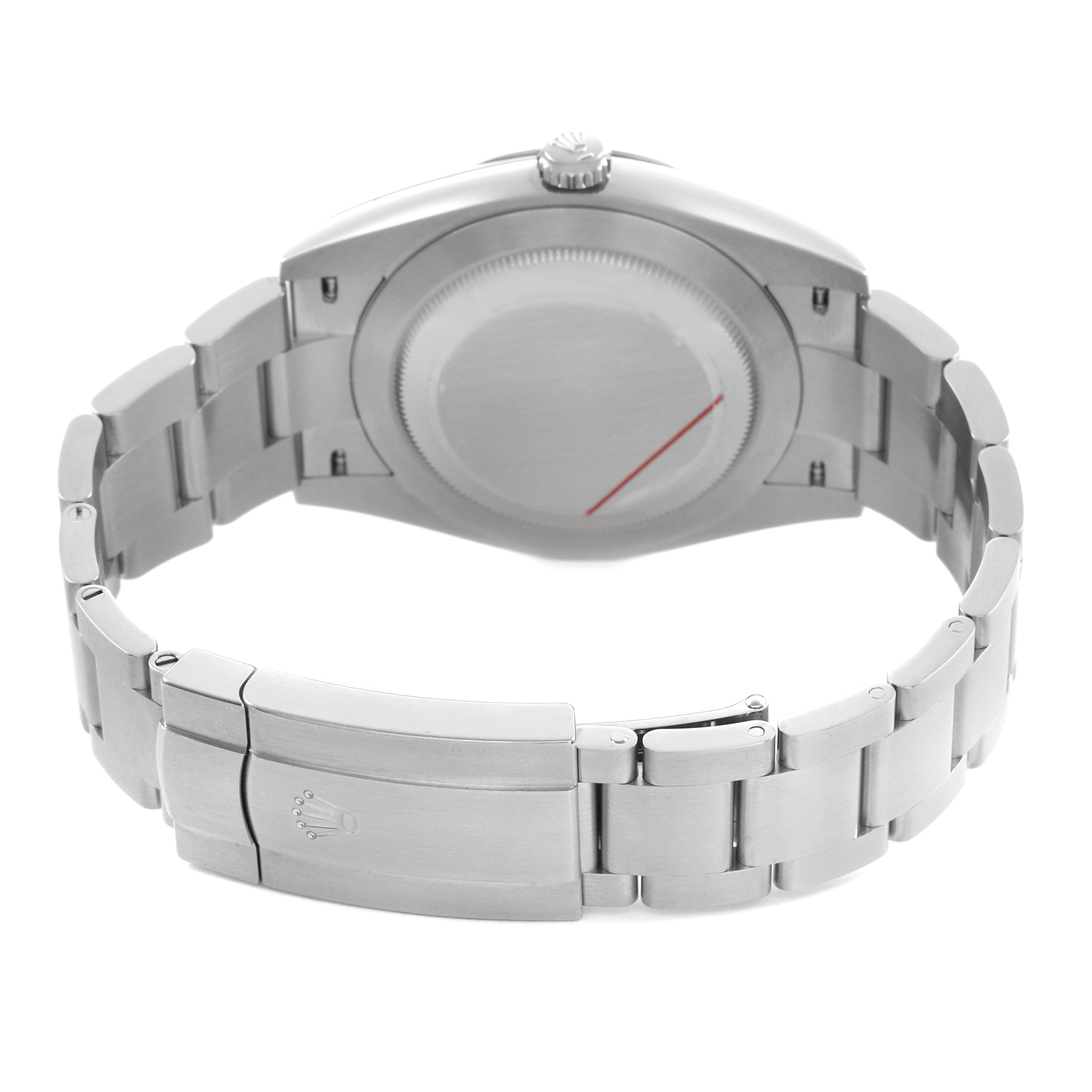 The image shows the back view of a Rolex Oyster Perpetual 124300 Men's Stainless Steel Silver Dial watch, highlighting the case back, bracelet, and clasp.
