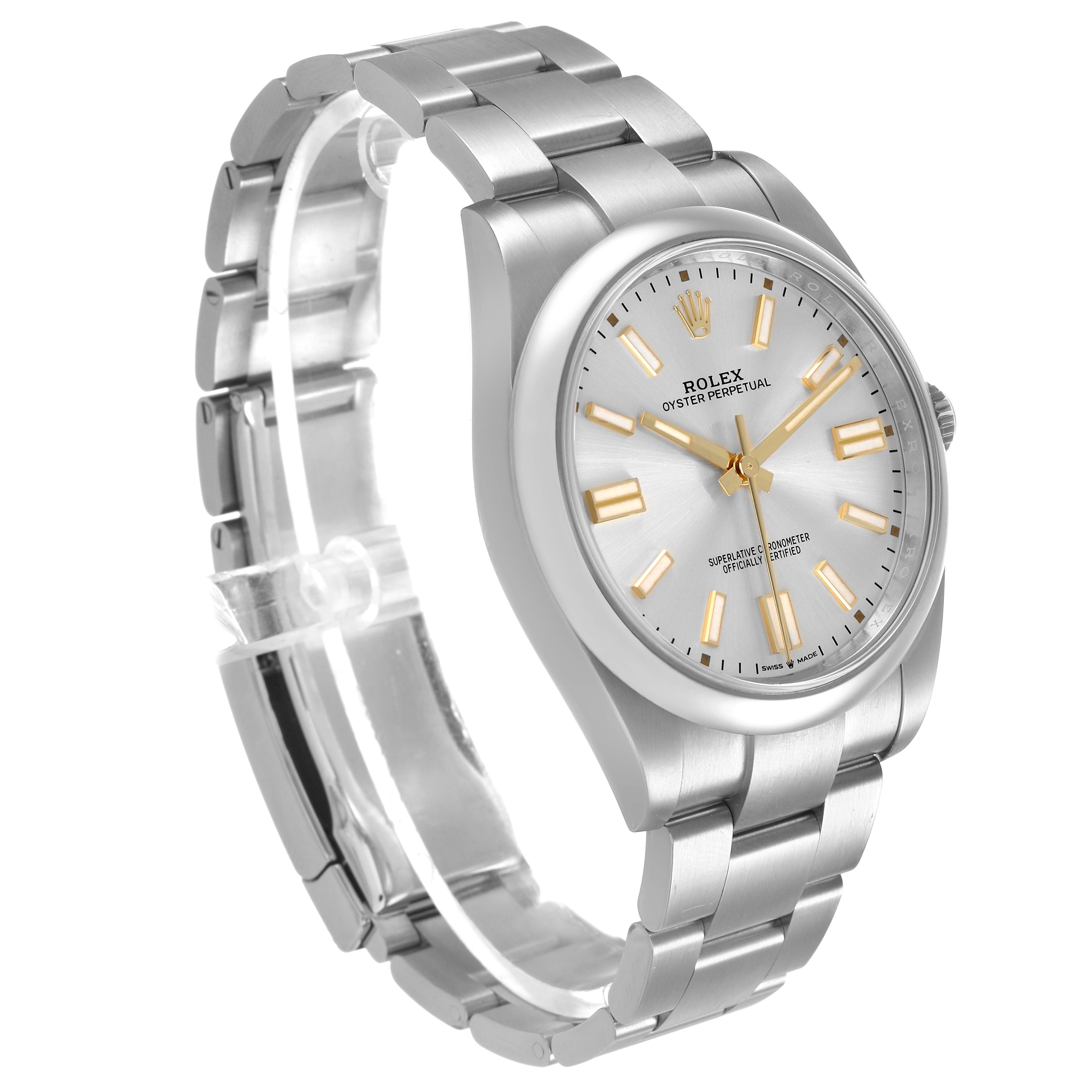 The Rolex Oyster Perpetual 124300 Men's Stainless Steel Silver Dial watch is shown at a slight angle, highlighting the case, dial, hands, and bracelet.