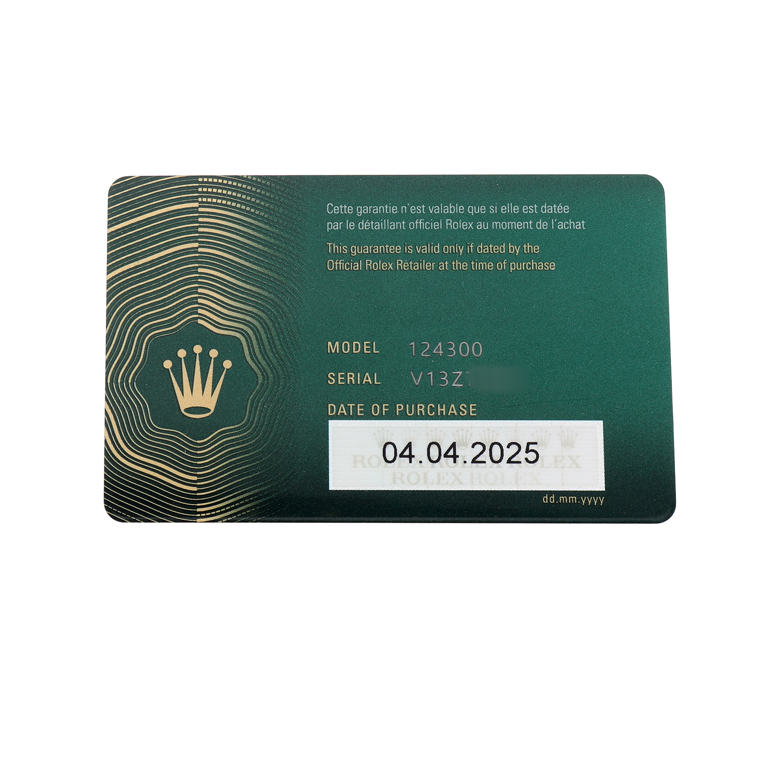 The image shows a guarantee card for a Rolex Oyster Perpetual 124300 Men's Stainless Steel Silver Dial, displaying model and serial numbers.