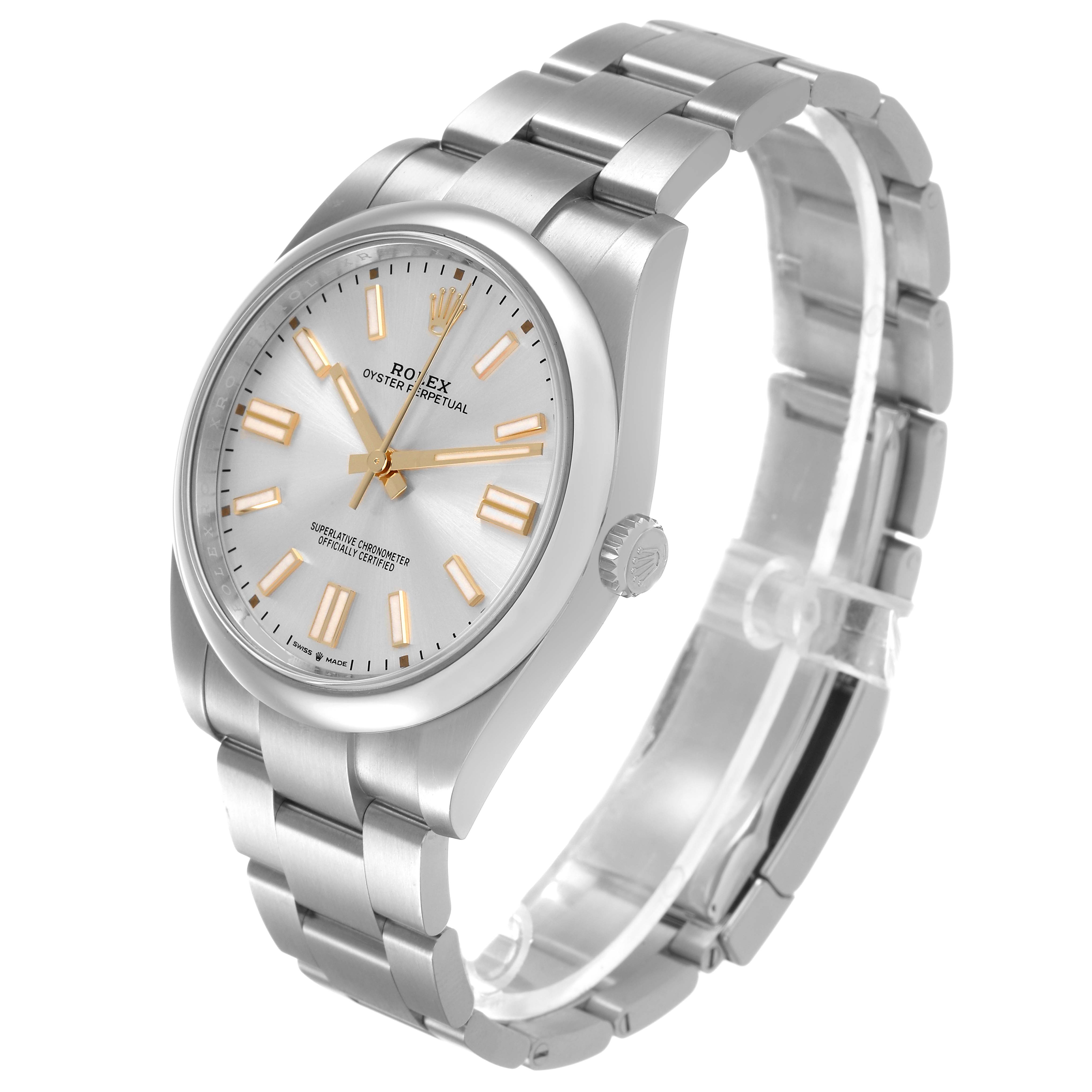 The Rolex Oyster Perpetual 124300 Men's Stainless Steel Silver Dial watch is shown at an angle displaying the face, crown, and full bracelet.