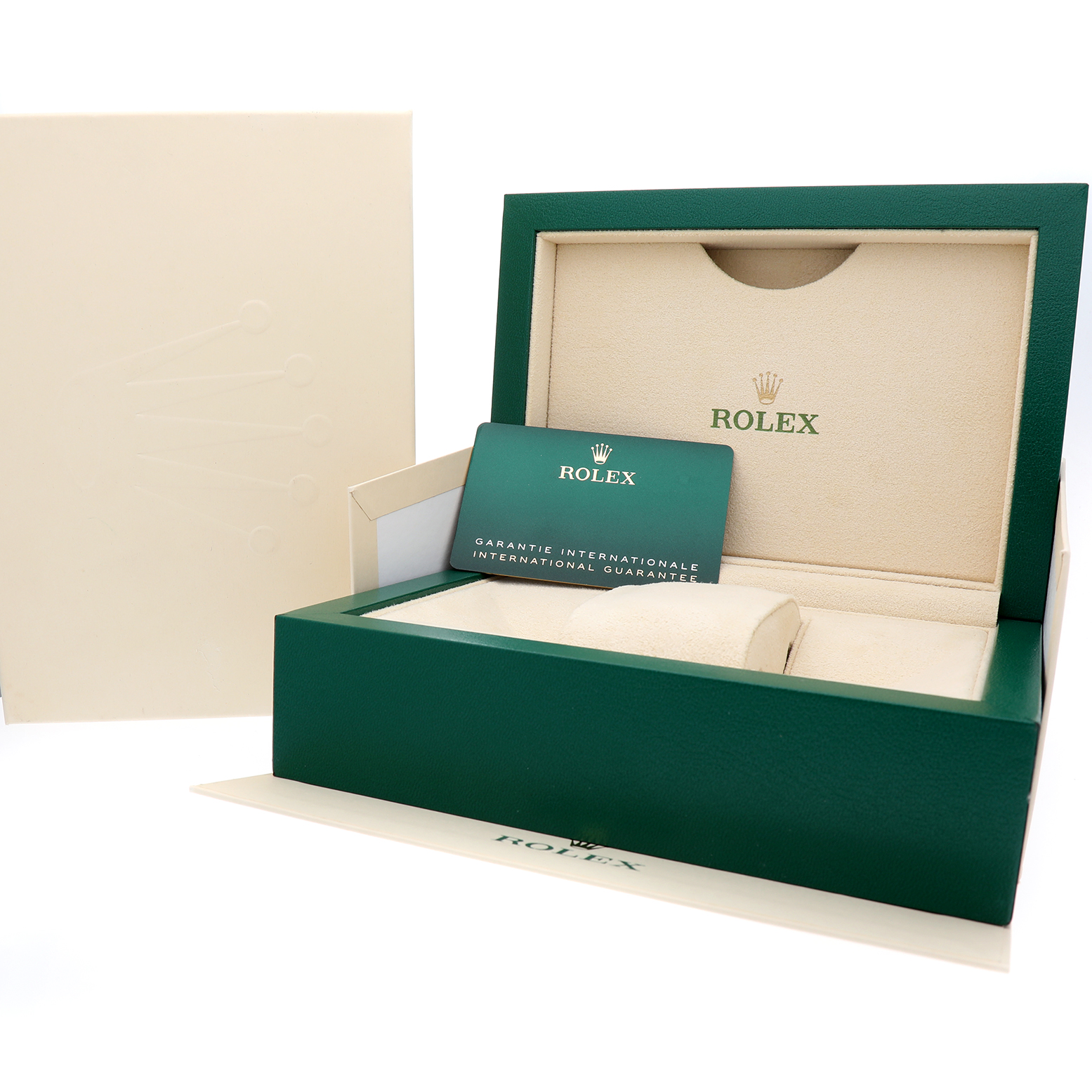 The image shows an open Rolex Oyster Perpetual 124300 Men's Stainless Steel Silver Dial box and an international guarantee card, viewed from a front angle.